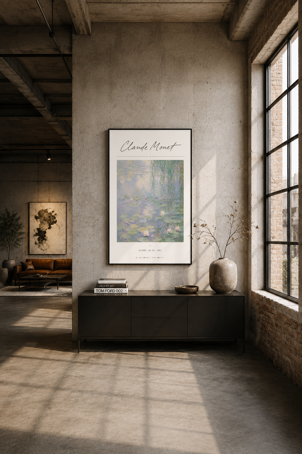 İndüstriyel betonarme mekanda, çerçeveli Monet tablosu minimal dekorasyonla sanat duvarını oluşturuyor.