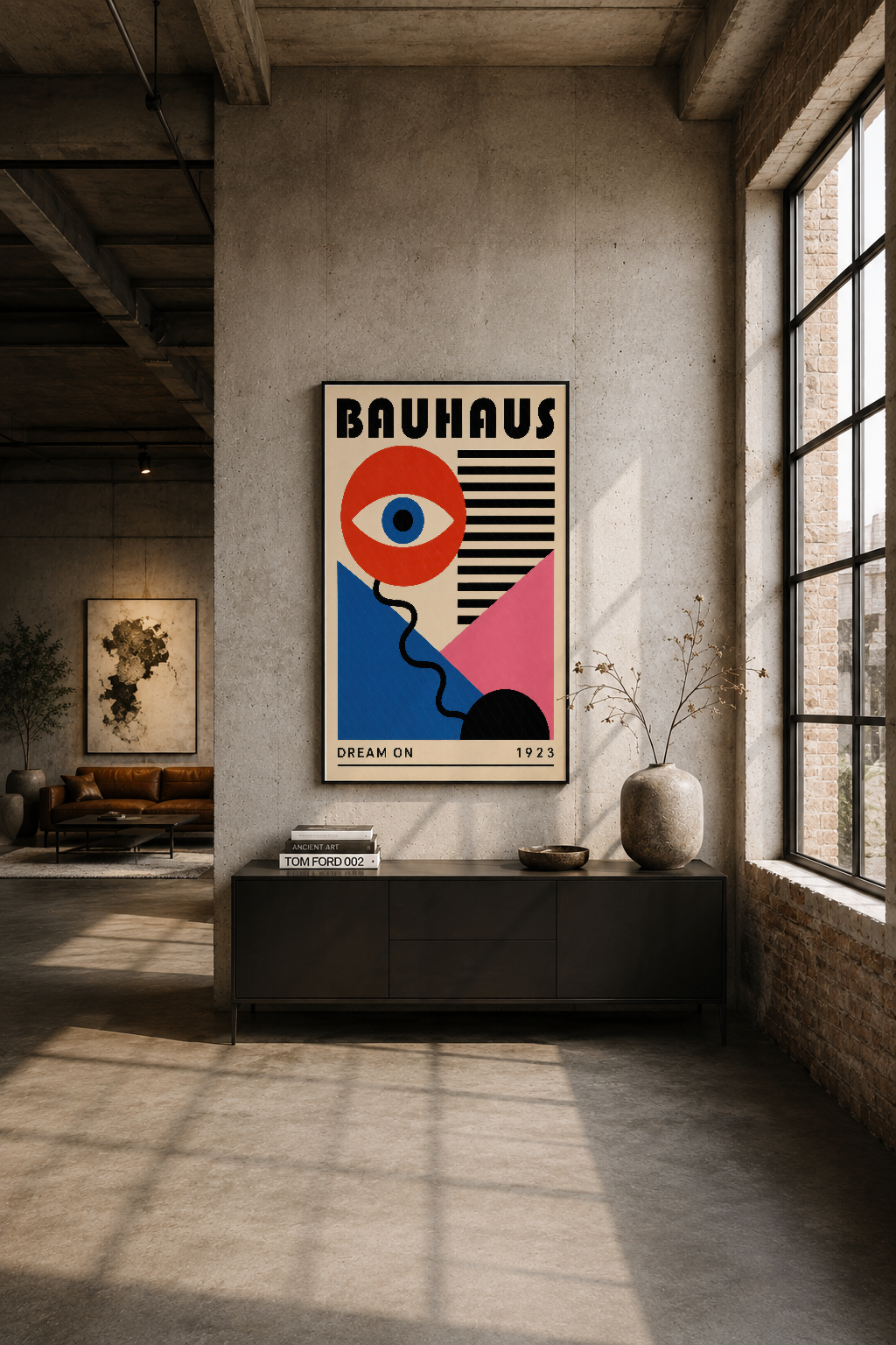 Modern loft alanında, duvardan sarkan çerçeveli Bauhaus posteri, kırmızı göz ve soyut şekiller, endüstriyel dekor
