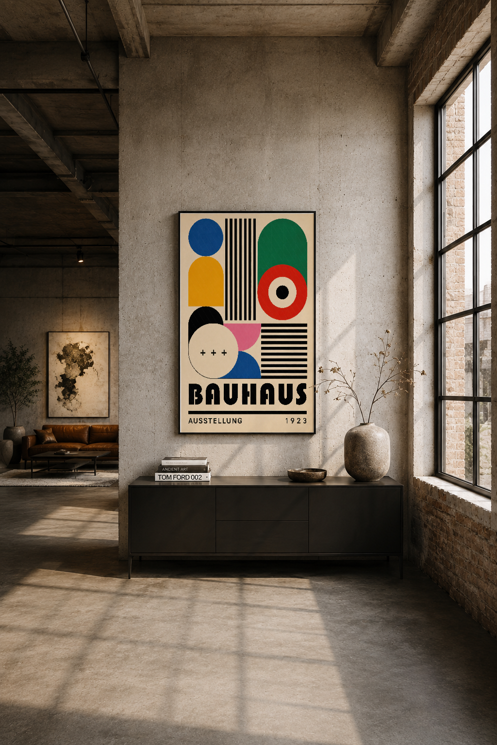 Modern loft alanında, beton duvar üzerine asılı Bauhaus 1923 duvar tablosu, minimalist dekorasyon.