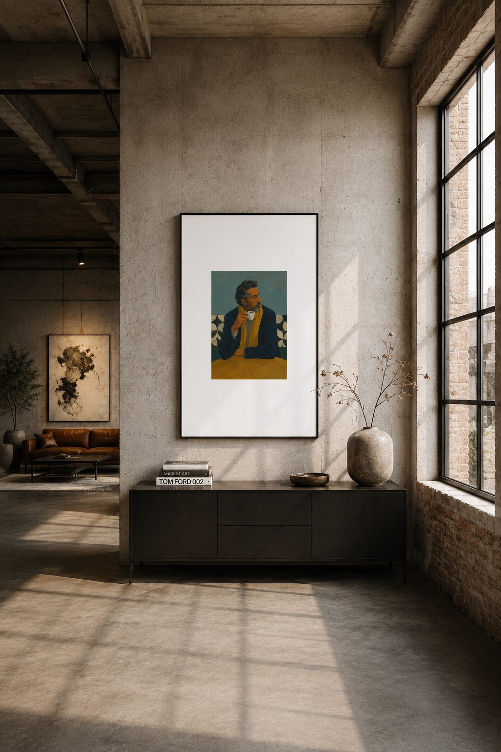 Endüstri tarzı duvarında siyah çerçeveli portrenin geniş açılı görünümü, modern loft ortamında sergilenen.
