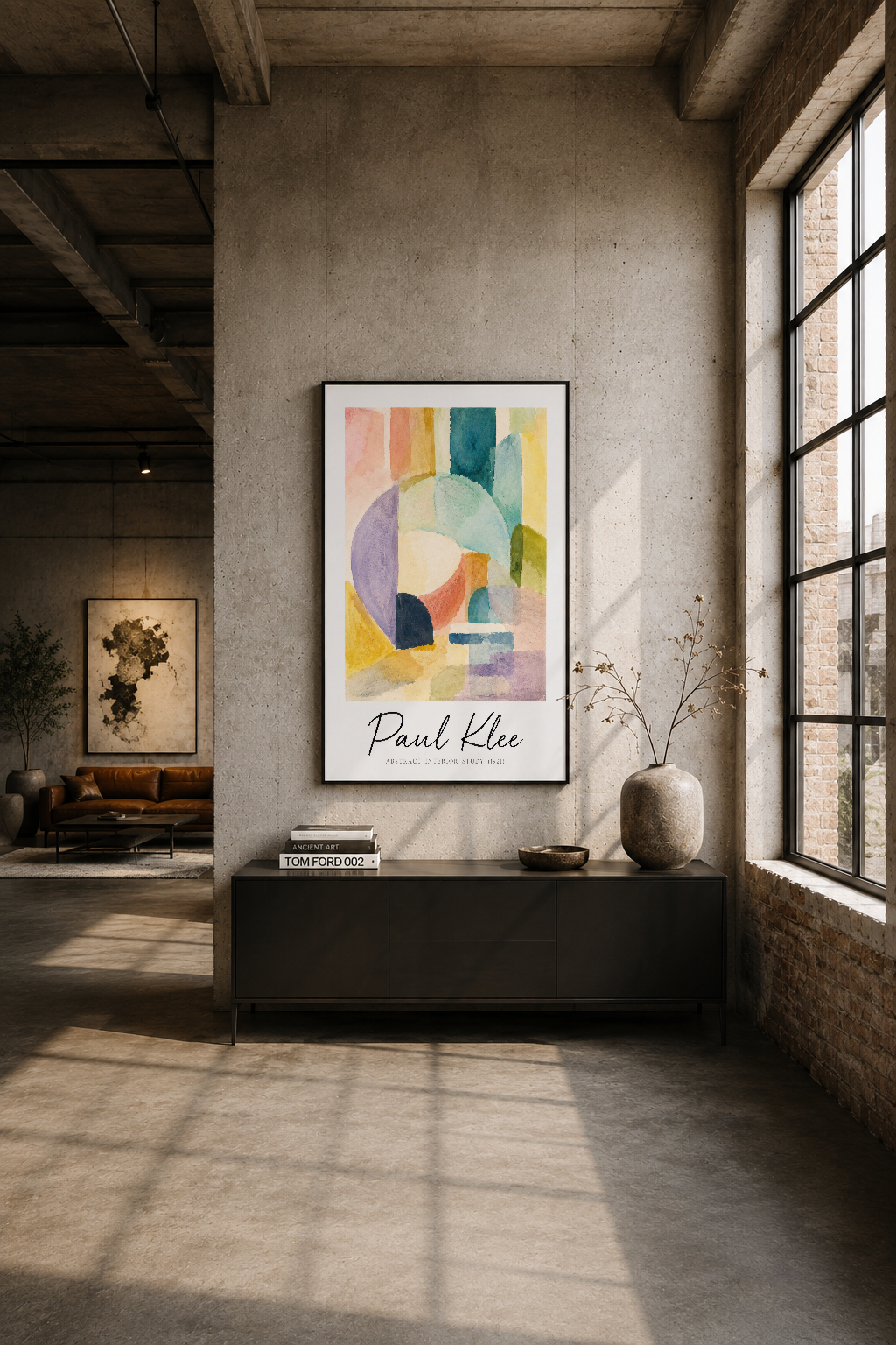 Endüstriyel loft ortamında duvarı canlandıran, renkli Paul Klee tasarımı siyah çerçeveli posteri.