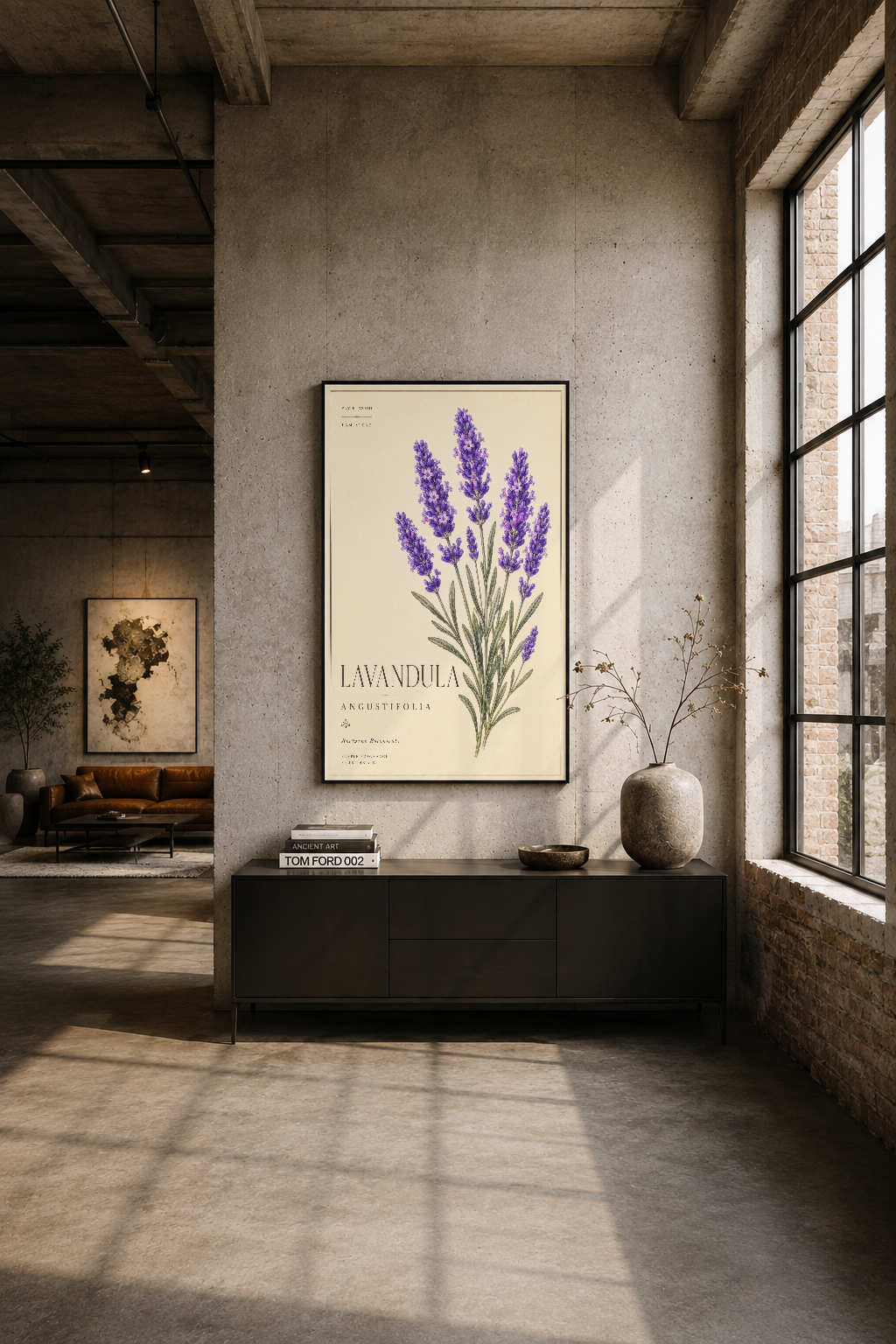 Endüstriyel loft odasında siyah çerçeveli lavanda tablosu, beton duvar üzerinde minimalist dekorasyon.