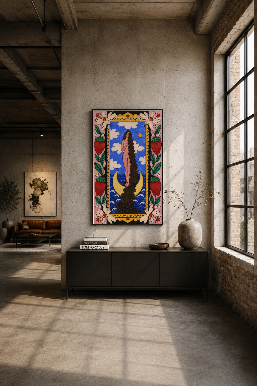 Endüstriyel loft tarzı odada, geniş pencere önünde siyah konsol üstüne asılmış dekoratif tablonun görünümü.