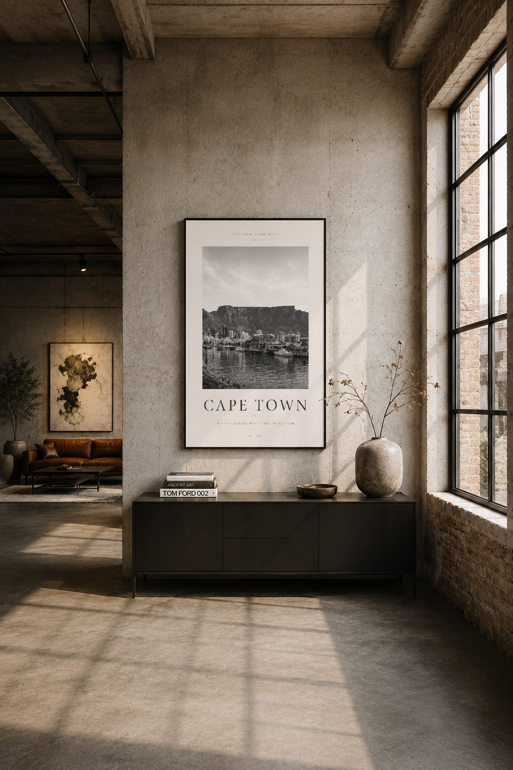 Modern endüstriyel oturma alanında, siyah çerçeveli Cape Town posteri betonda duvar üzerine asılı.