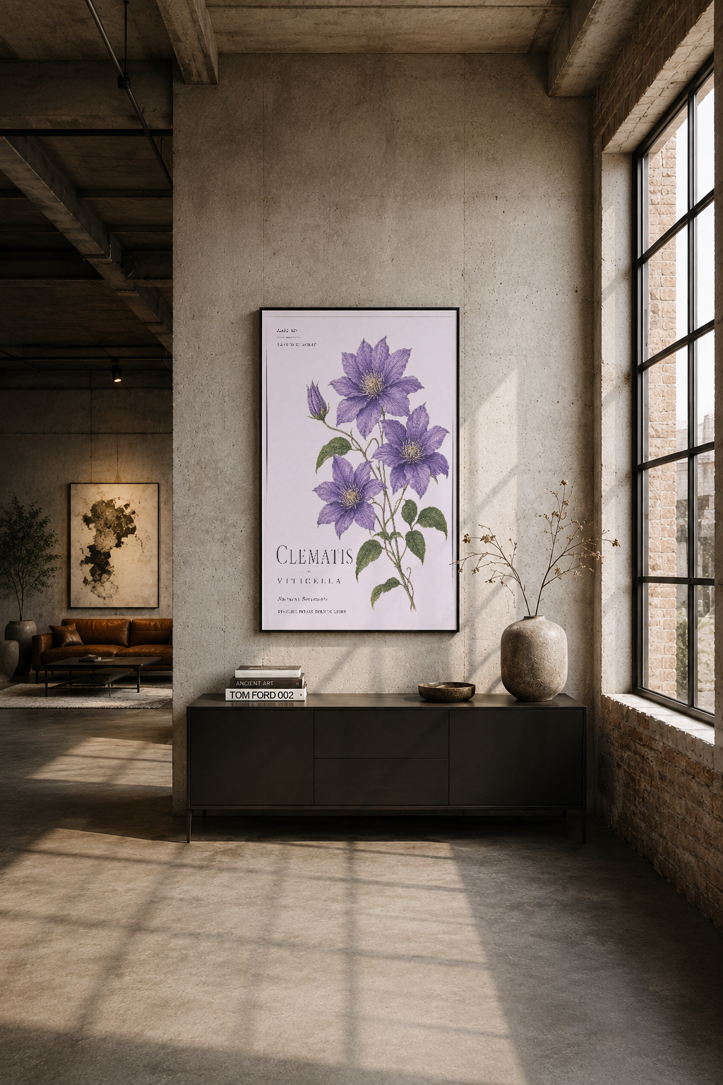 Modern loft odasında siyah çerçeveli Clematı botanik poster, endüstriyel mimari ile uyumlu asılı.
