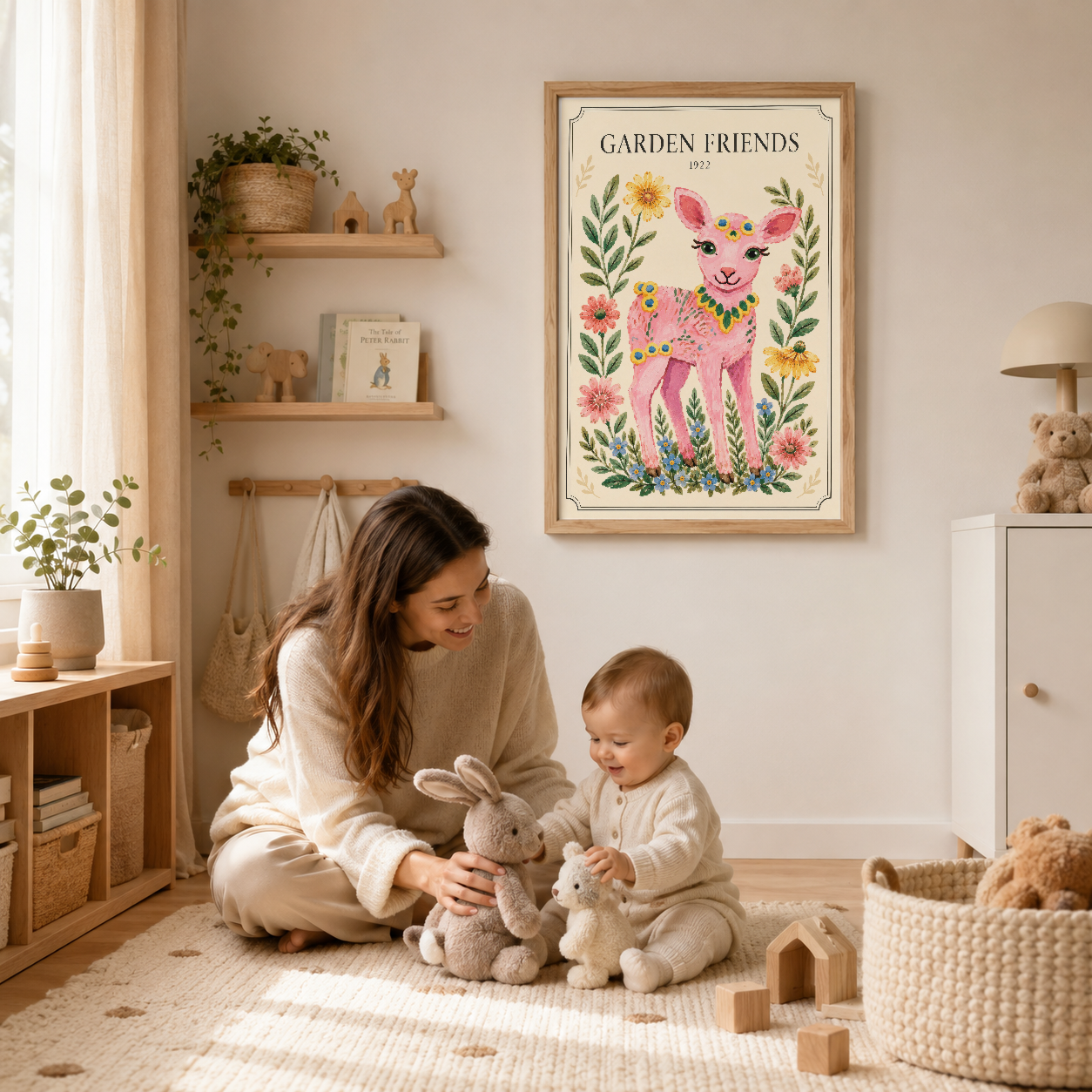 Çocuk odasında ahşap çerçeveli Garden Friends tablosu, oyuncak ve raflarla dekore