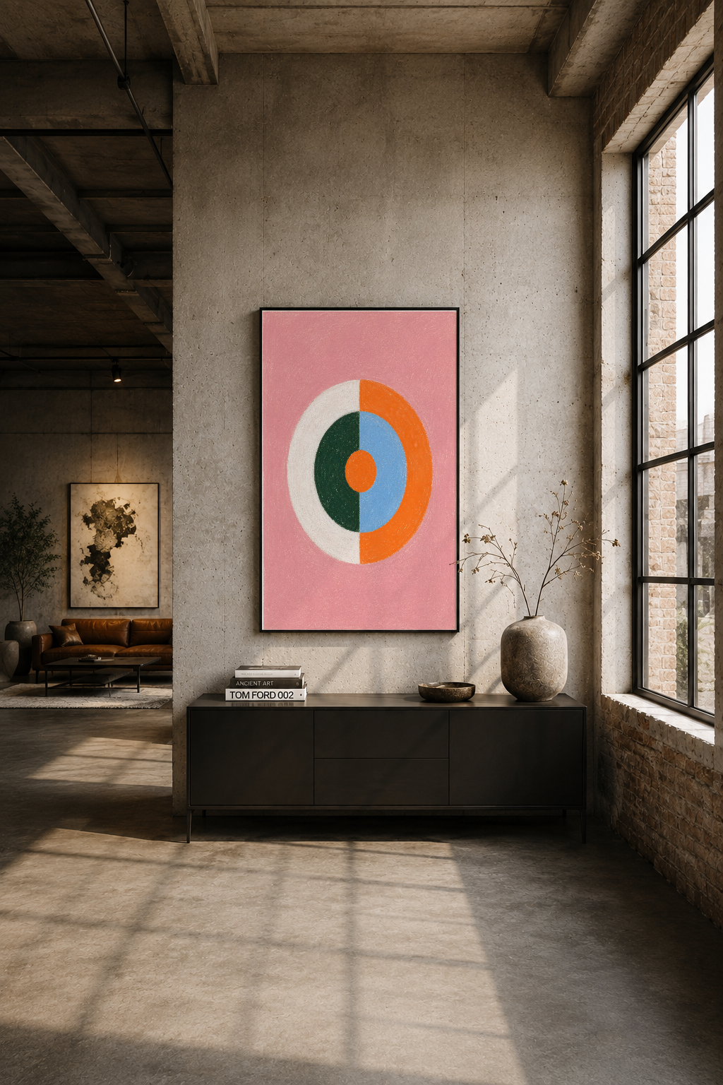Endüstriyel loft ortamında siyah çerçeveli tablo, pembe fonda modern daire deseni ile duvar dekorasyonu