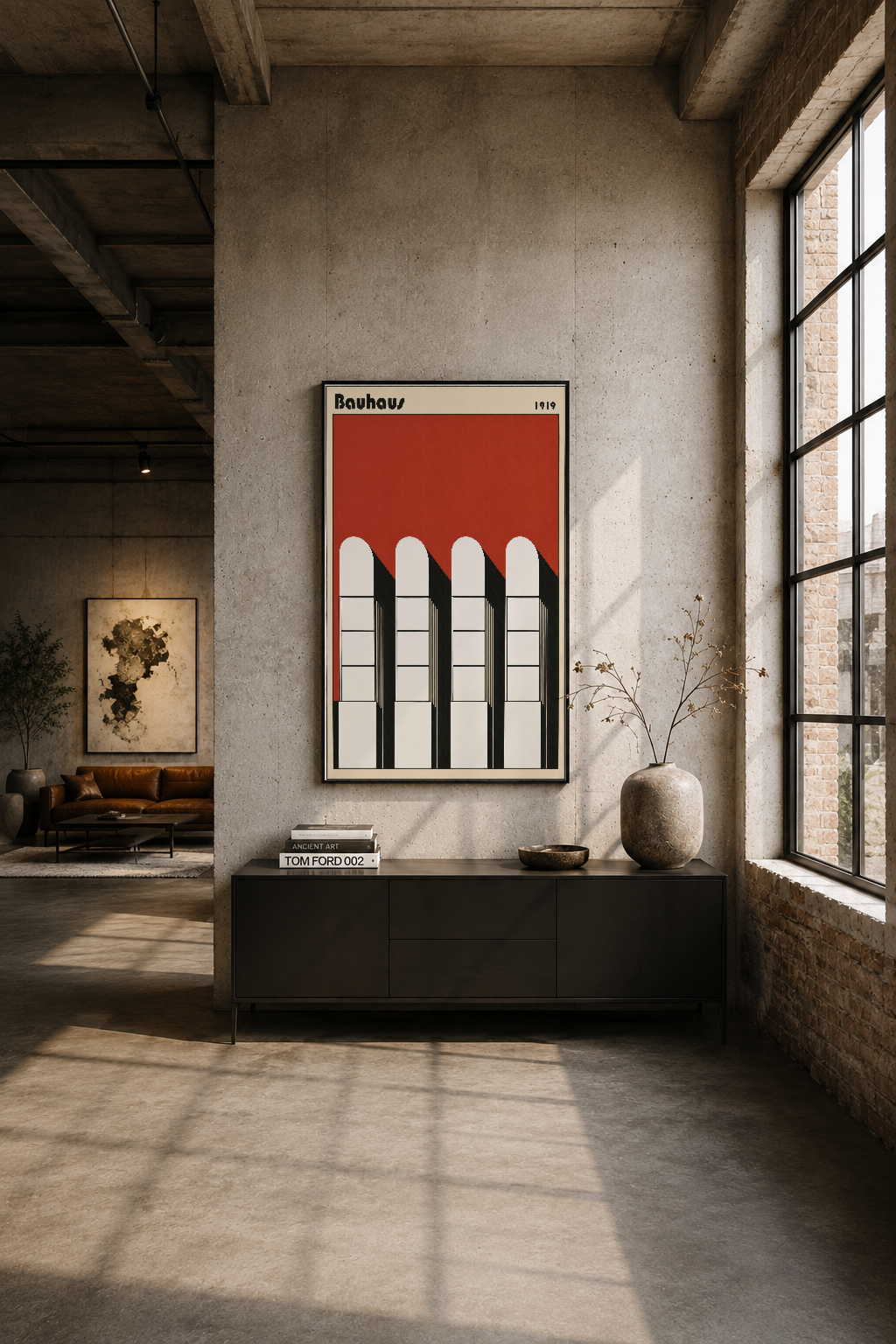 Endüstriyel loft tarzı odada, kütüphane üstündeki duvar tavosu Bauhaus tasarımını minimalist ve şık tarzda sergileyerek