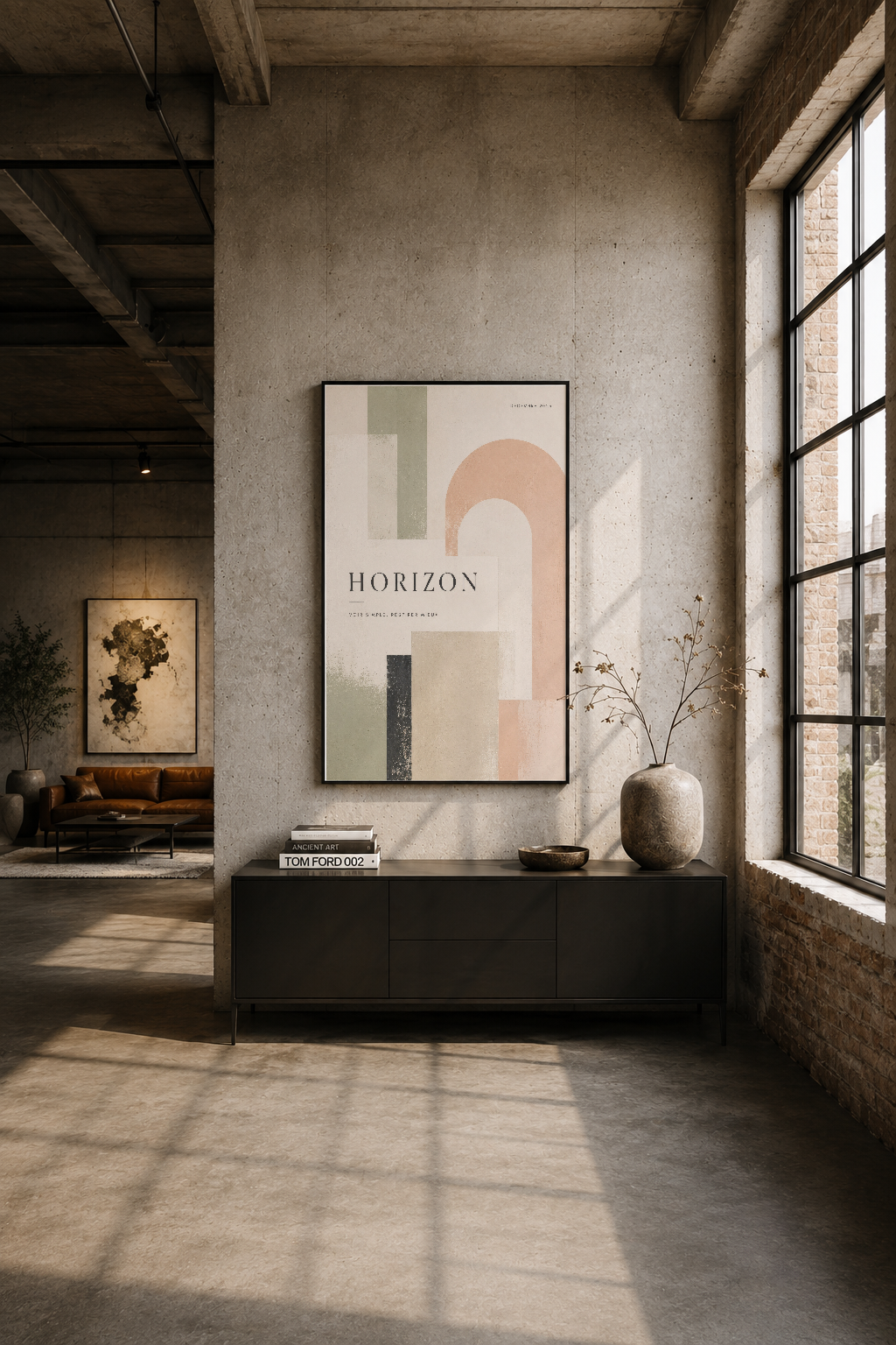 Endüstriyel oturma alanında beyaz duvara asılı Horizon posteri, ışık oyunuyla minimalist şıklığını ve dikkat çeken tasarımını