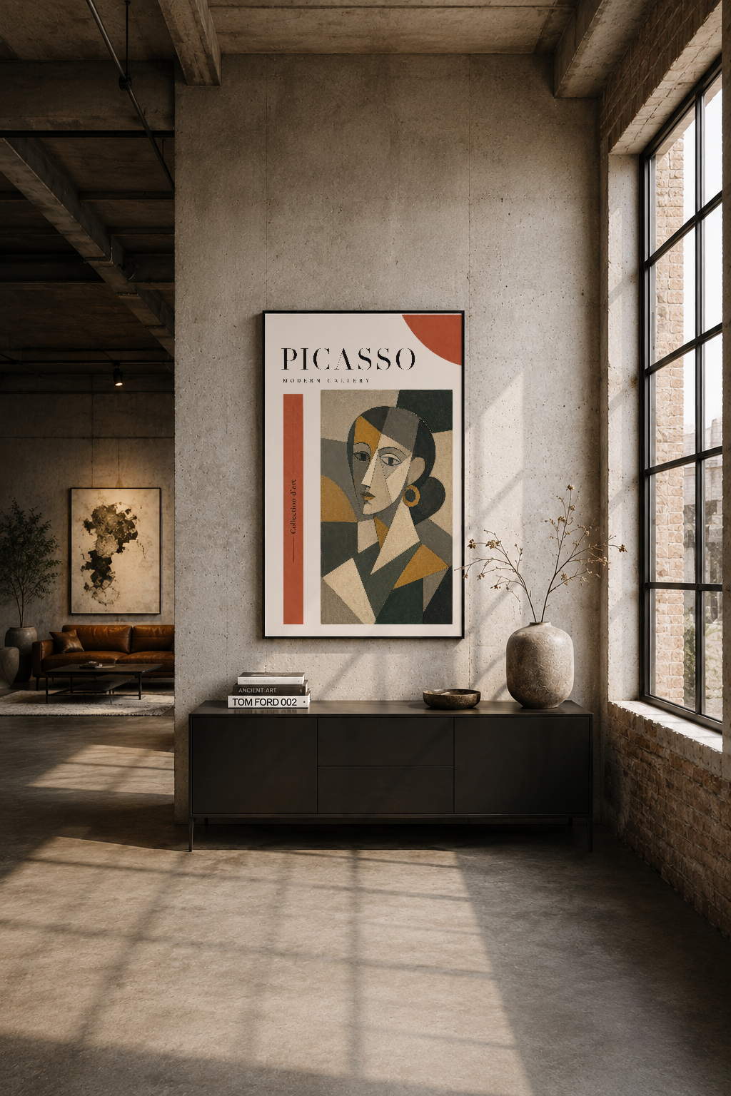Industrial mekan, betonmuşamba duvarında asılı Picasso Modern Gallery tablosu, tasarım dekorasyonu.