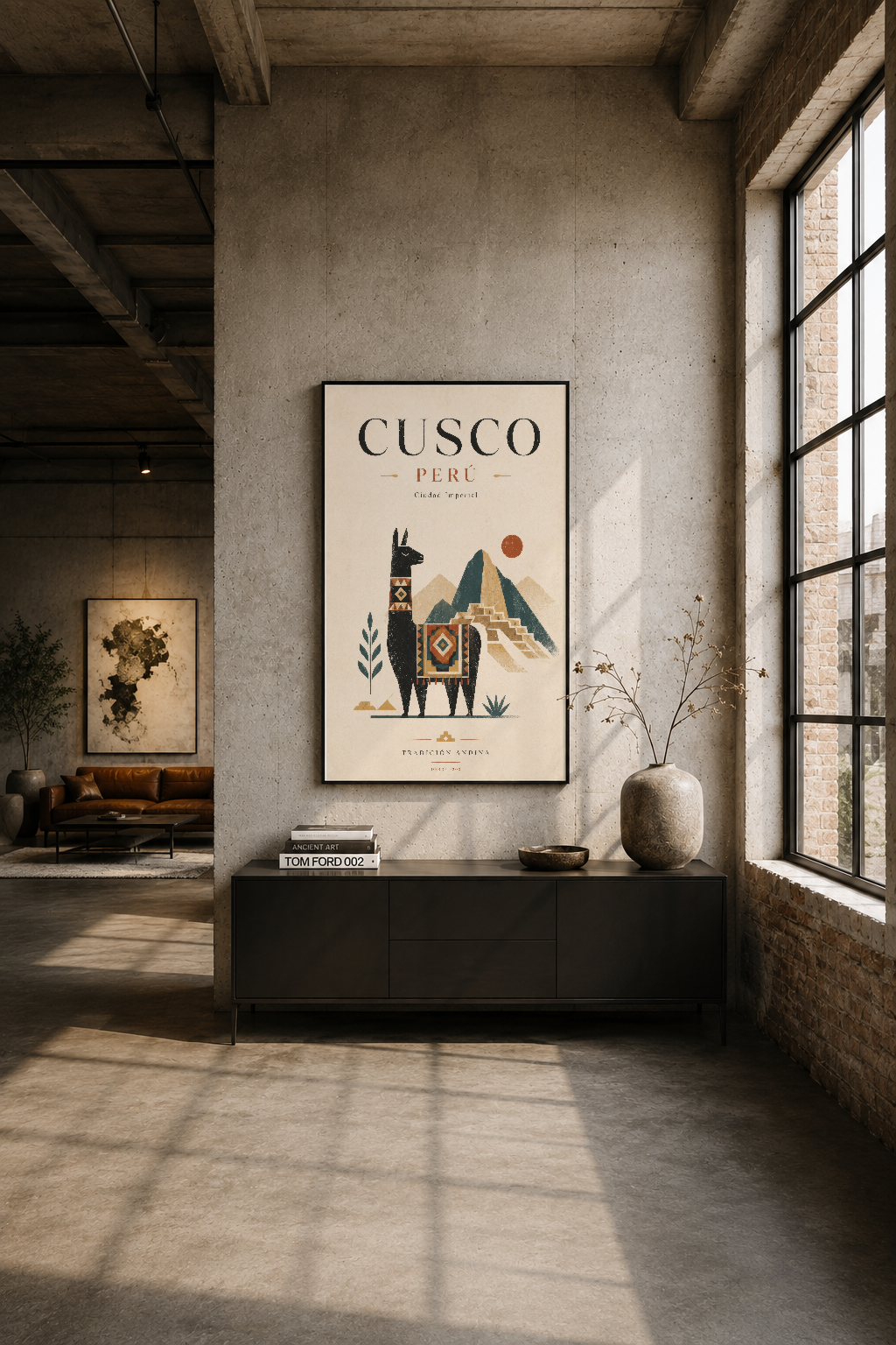 İndüstriyel mekanın beton duvarında, çerçeveli Cusco Perú tablosu minimalist dekor aksentı.