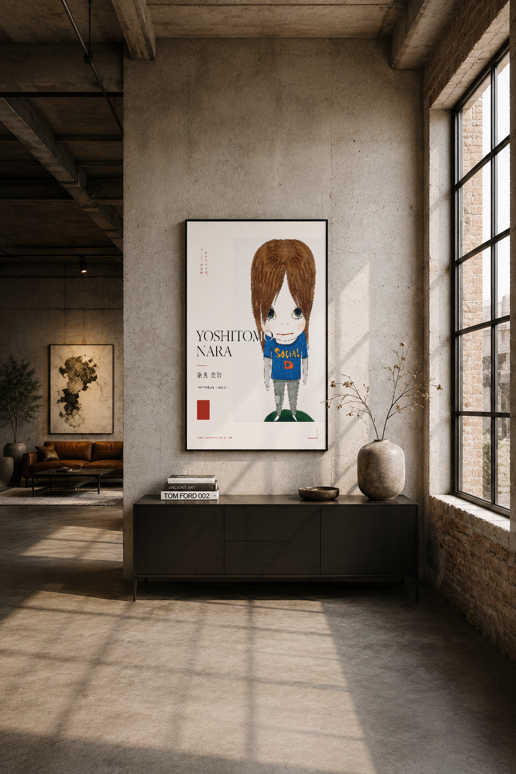 İndüstriyel mekanda siyah çerçeveli Yoshitomo Nara posteri, minimal dekorasyon