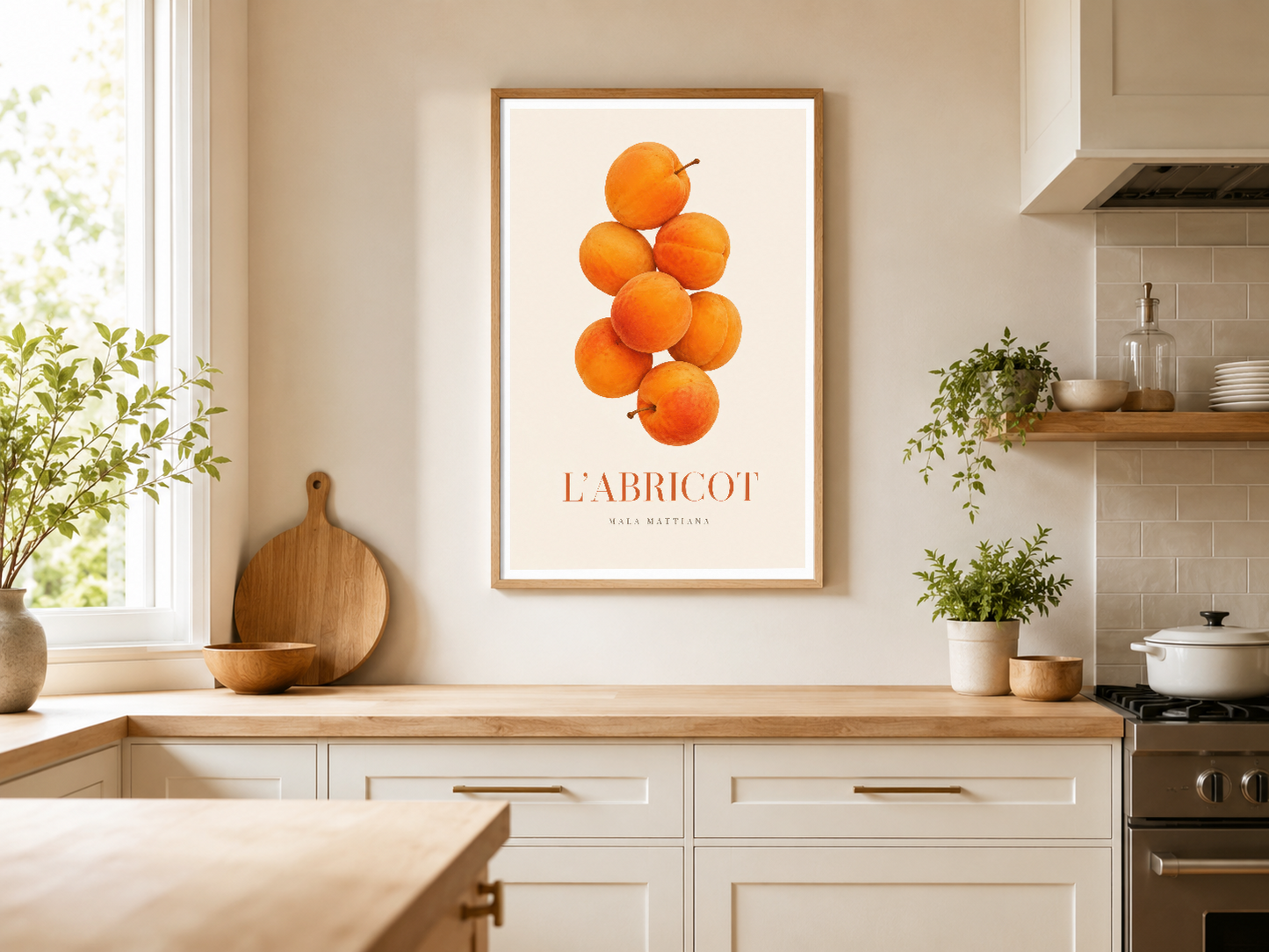 Modern mutfakta ahşap çerçeveyle sergilenen L'Abricot tablosu, günlük yaşama sanat ve renk katıyor.