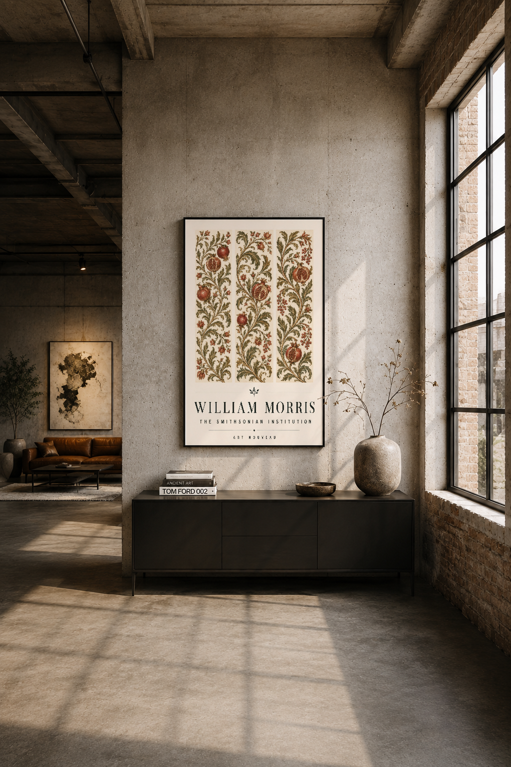 Modern endüstri stilinde beton duvara asılı, William Morris nar desenli poster tablosu.