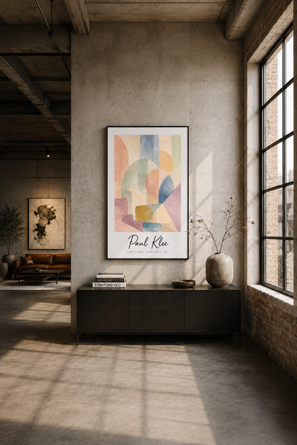 Modern loft tasarımlı mekanın betonundan duvarına asılmış, siyah çerçeveli Paul Klee tablosu endüstriyel şıklığa sanat
