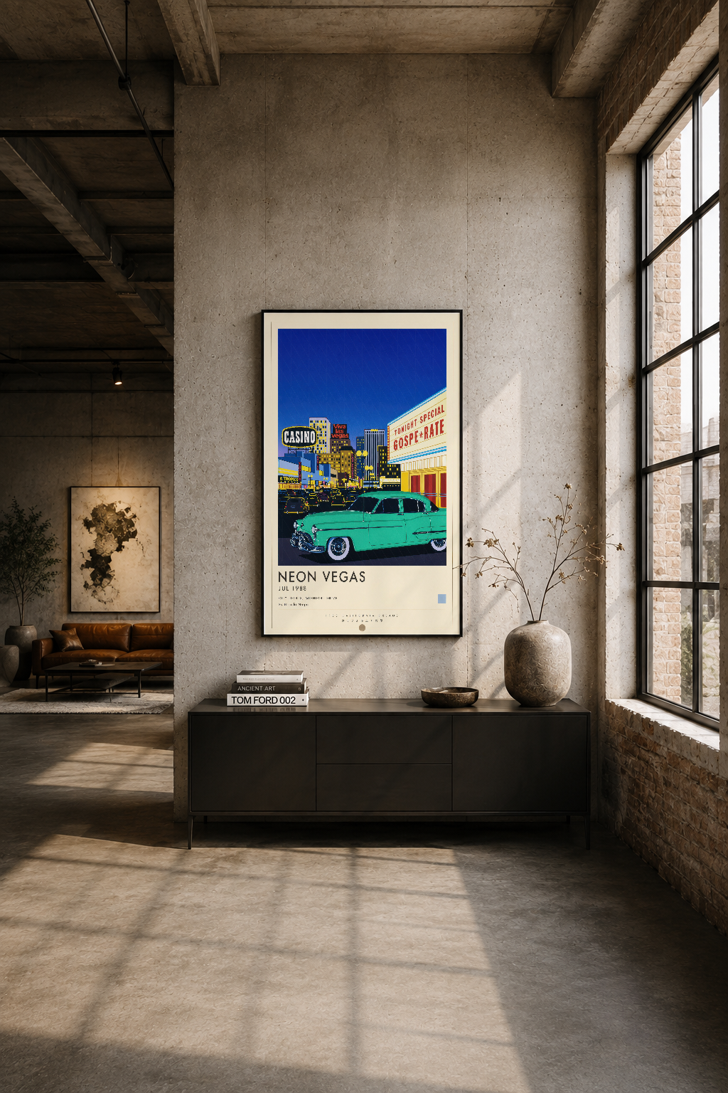 Modern loft alanında betonlu duvara asılı neon Vegas posteri, minimalist dekorasyon tarzında sergileniyor.