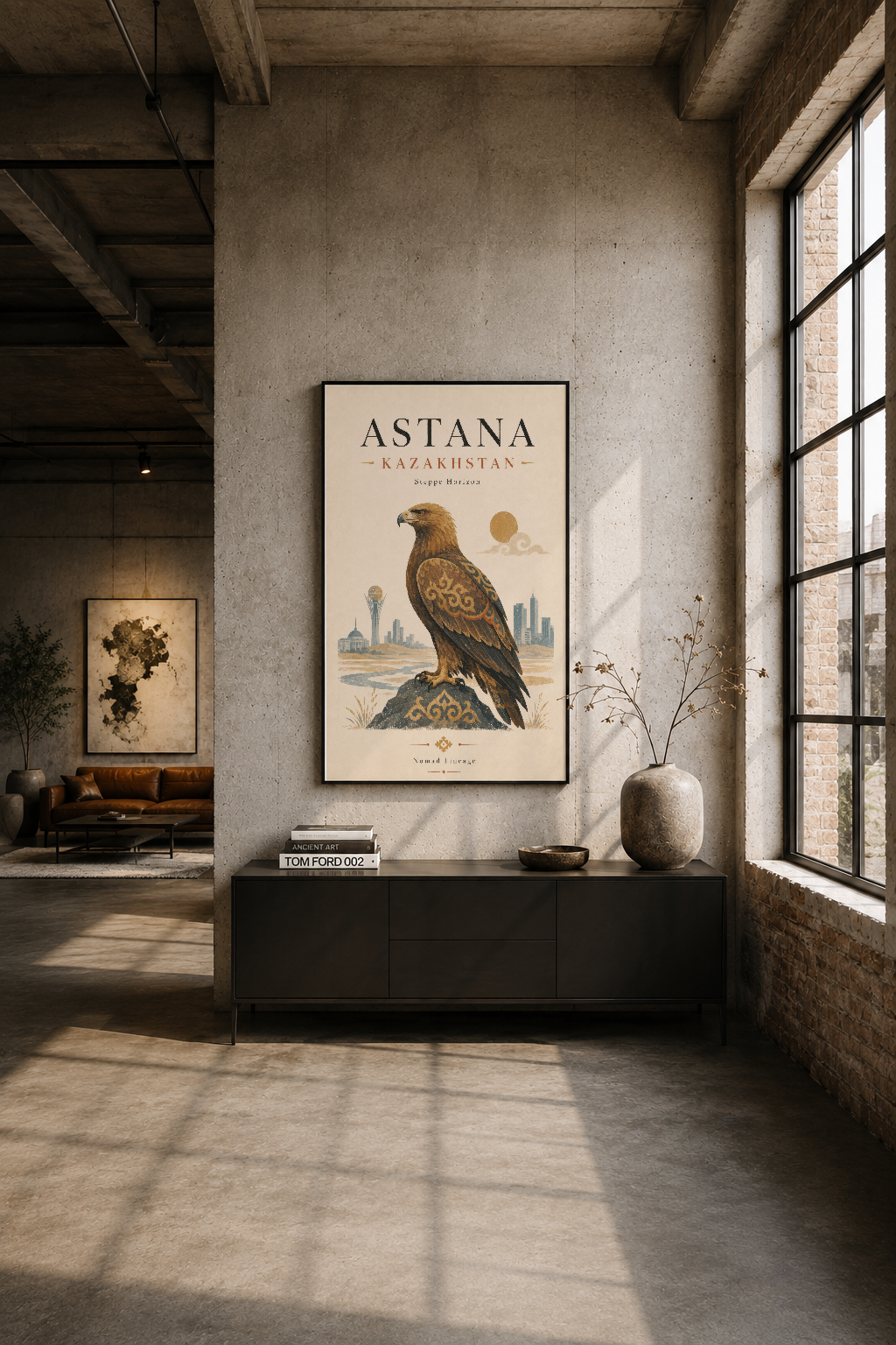 Endüstriyel loft ortamında, siyah çerçeve içinde asılı Astana posteri duvardaki vitrinden açık ışığa batmış.