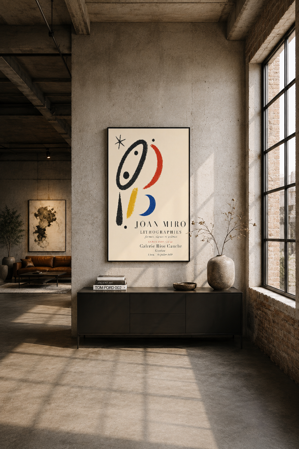 Modern endüstriyel oturma alanında, açık beyaz duvar üzerinde siyah çerçeveli Miro Lithographies tablosu.