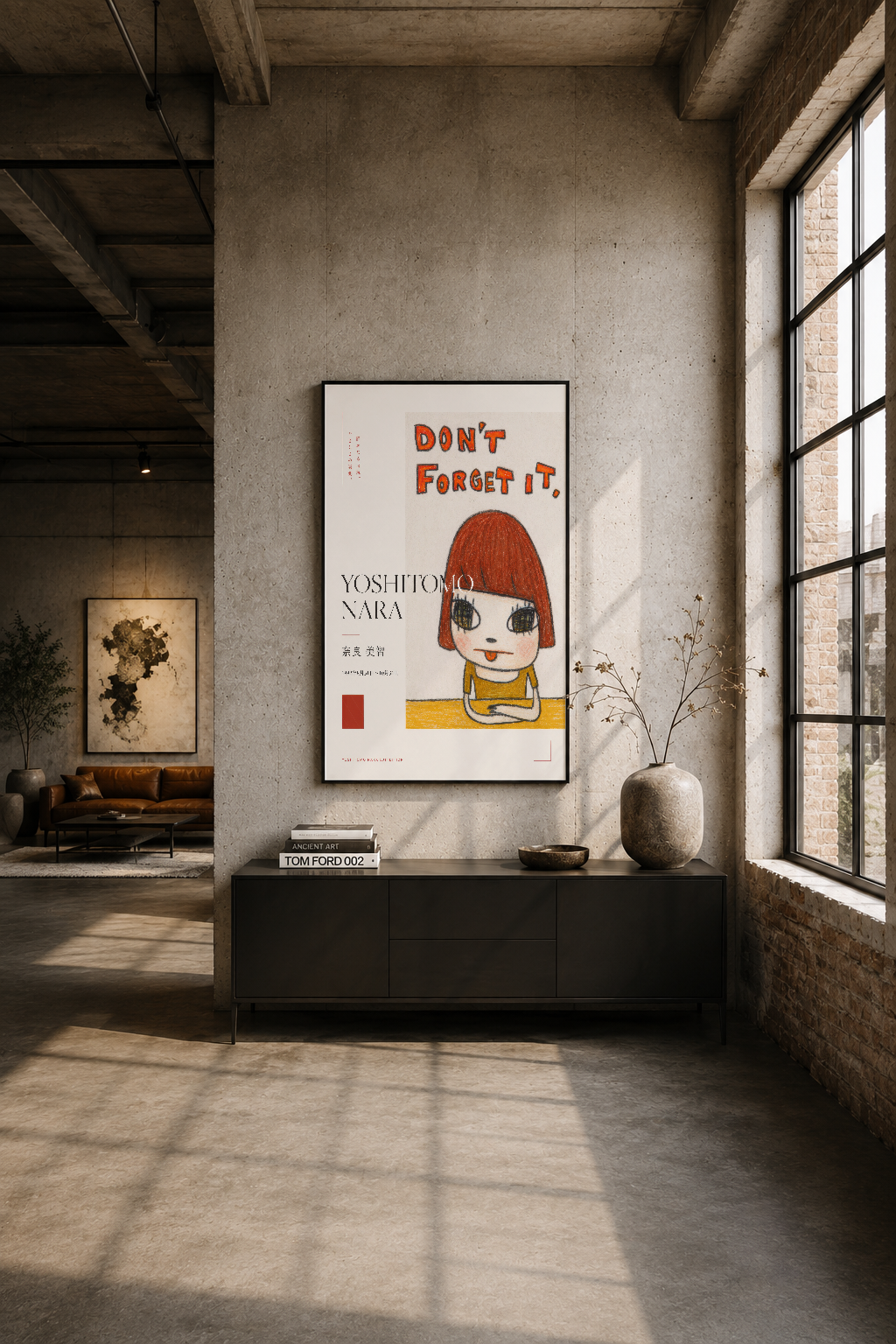 Modern industrial oturma odasında, siyah çerçeveli poster duvar tasarımını tamamlıyor.