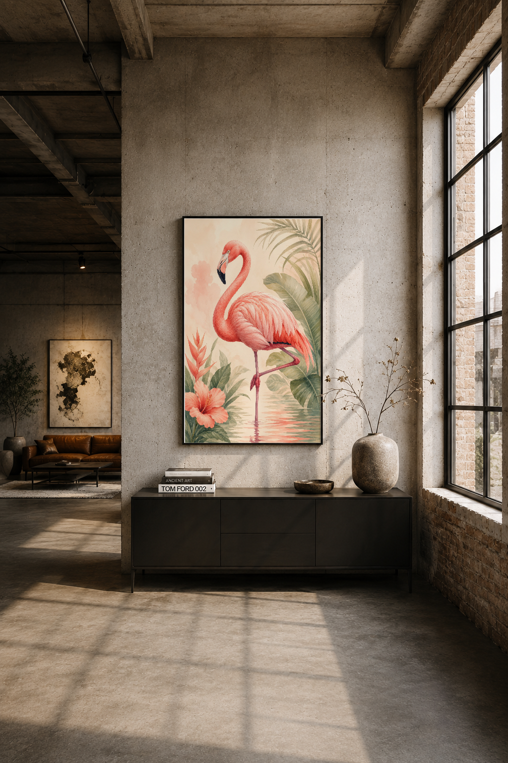 Endüstriyel loftta betonla oynatılan flamingo tablosu, modern iç mimariye zarif dokunuş katan sanat.