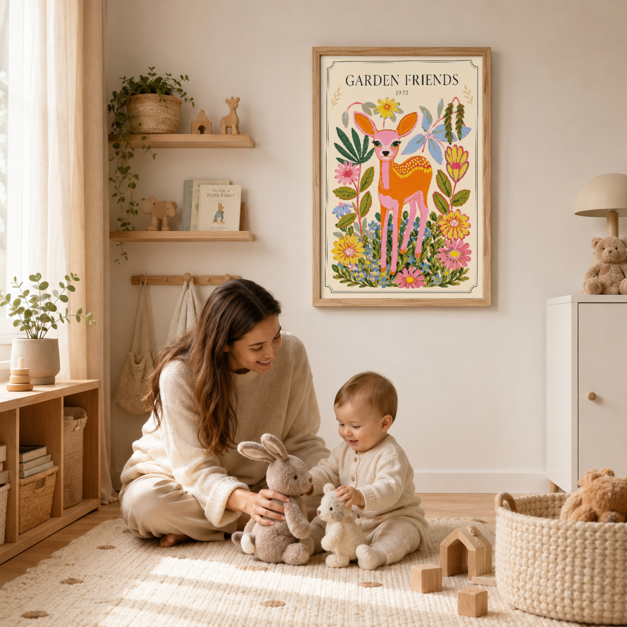 Ahşap çerçevede Garden Friends tablosu, sıcak beige tonlarındaki çocuk odasında oyuncaklar ve kitaplarla birlikte