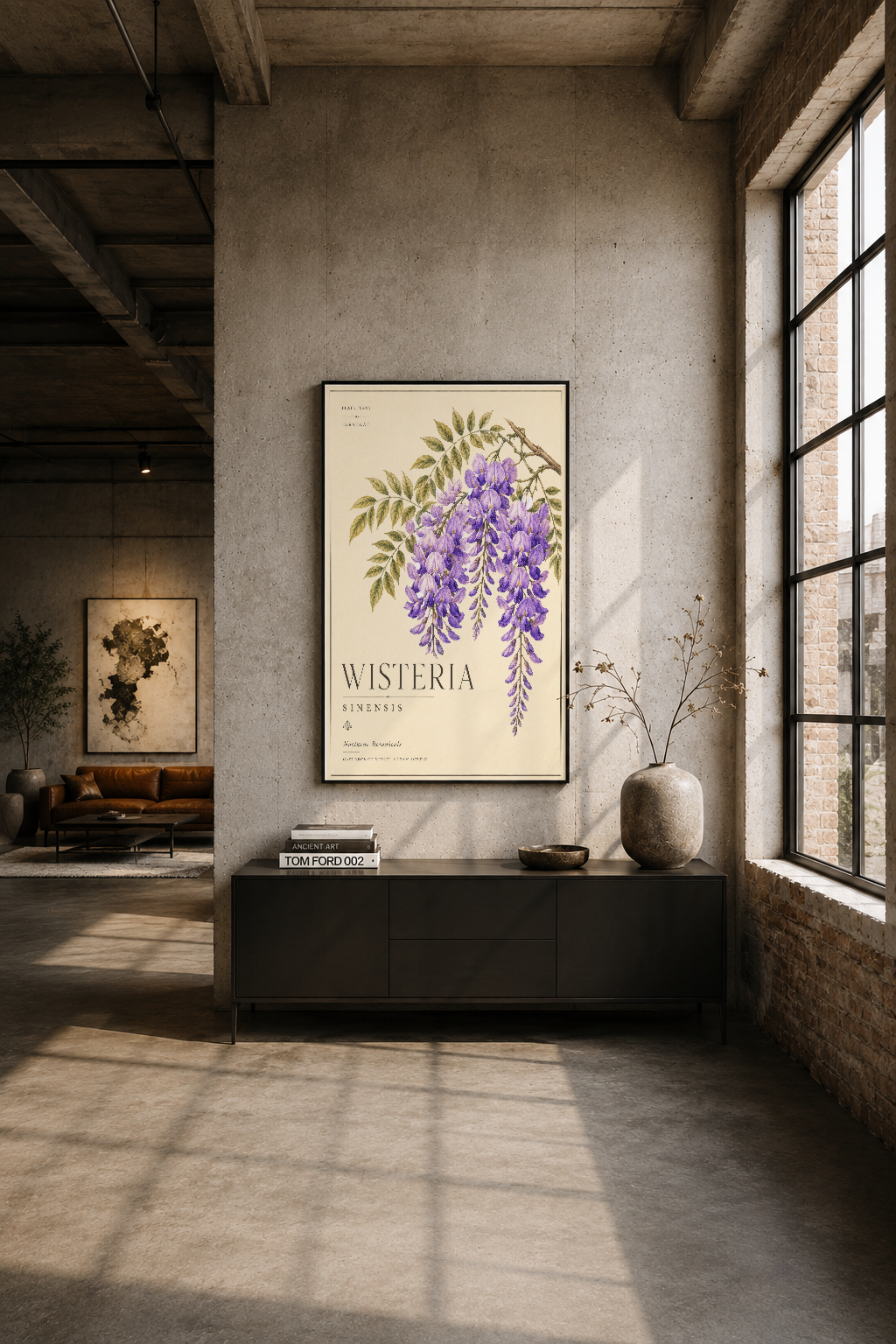 Endüstriyel loft ortamında, betonun üzerindeki siyah çerçeveli Wisteria tablosu, modern mekanı botanik elegansi ile