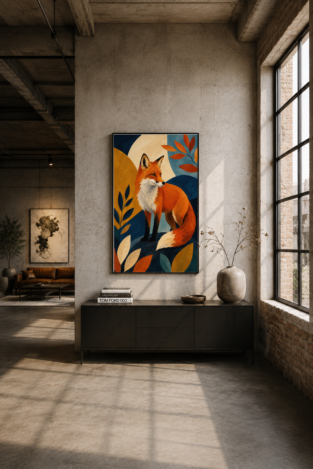 Modern loft tarzı mekanda siyah çerçeveli tilki tablosu, betonda duvar üzerinde asılı. İndüstriyel dekorasyonu tamamlayan