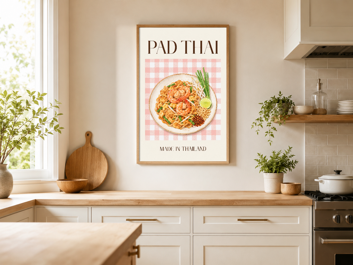 Modern mutfakta ahşap çerçedeki Pad Thai posteri, aydınlık duvarında, şık mutfak dekorasyonu ve gıda sanatı.