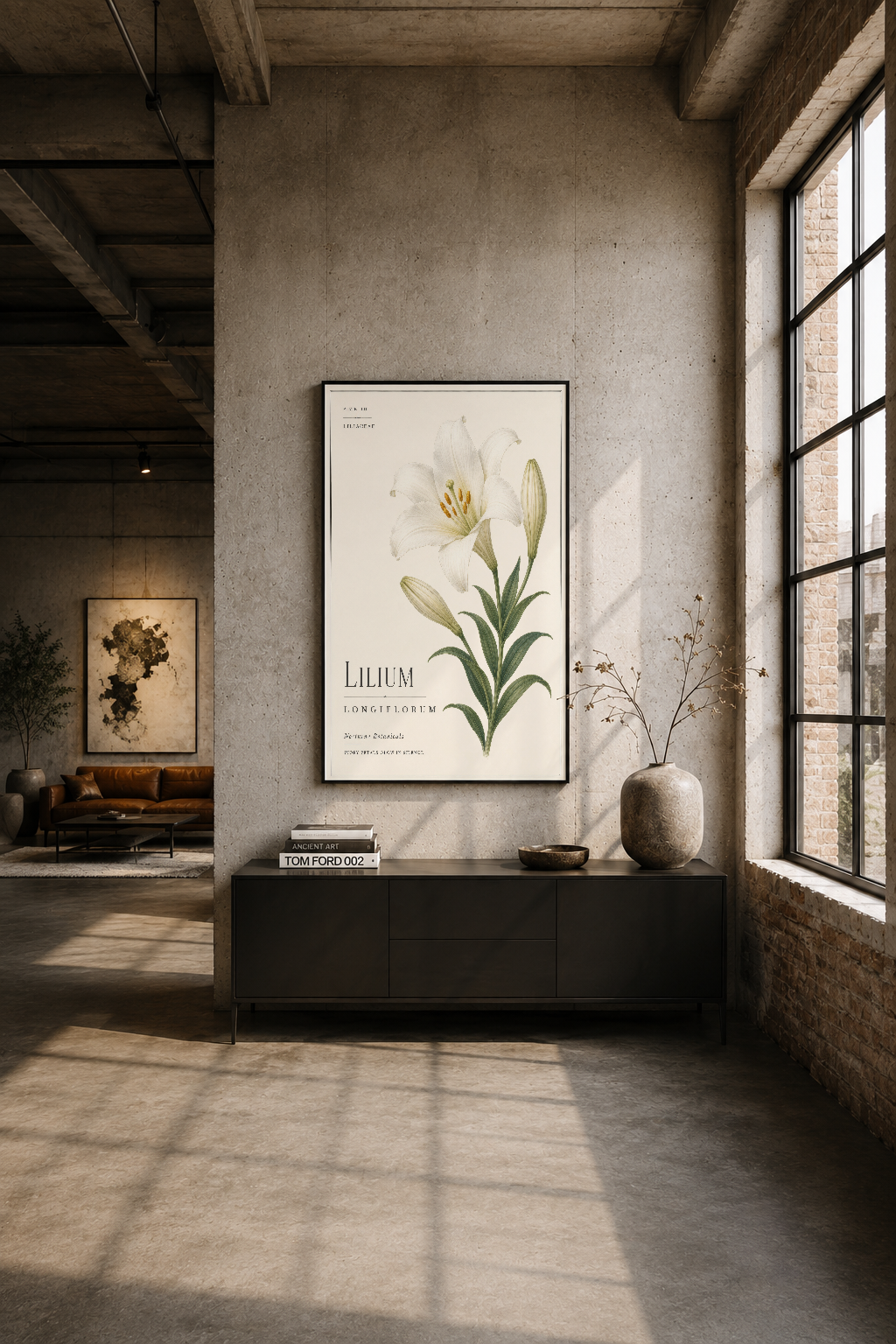 Siyah metal kütüphanenin üstünde endüstriyel loft stilinde lilyum botanik tablosu sergileniyor.