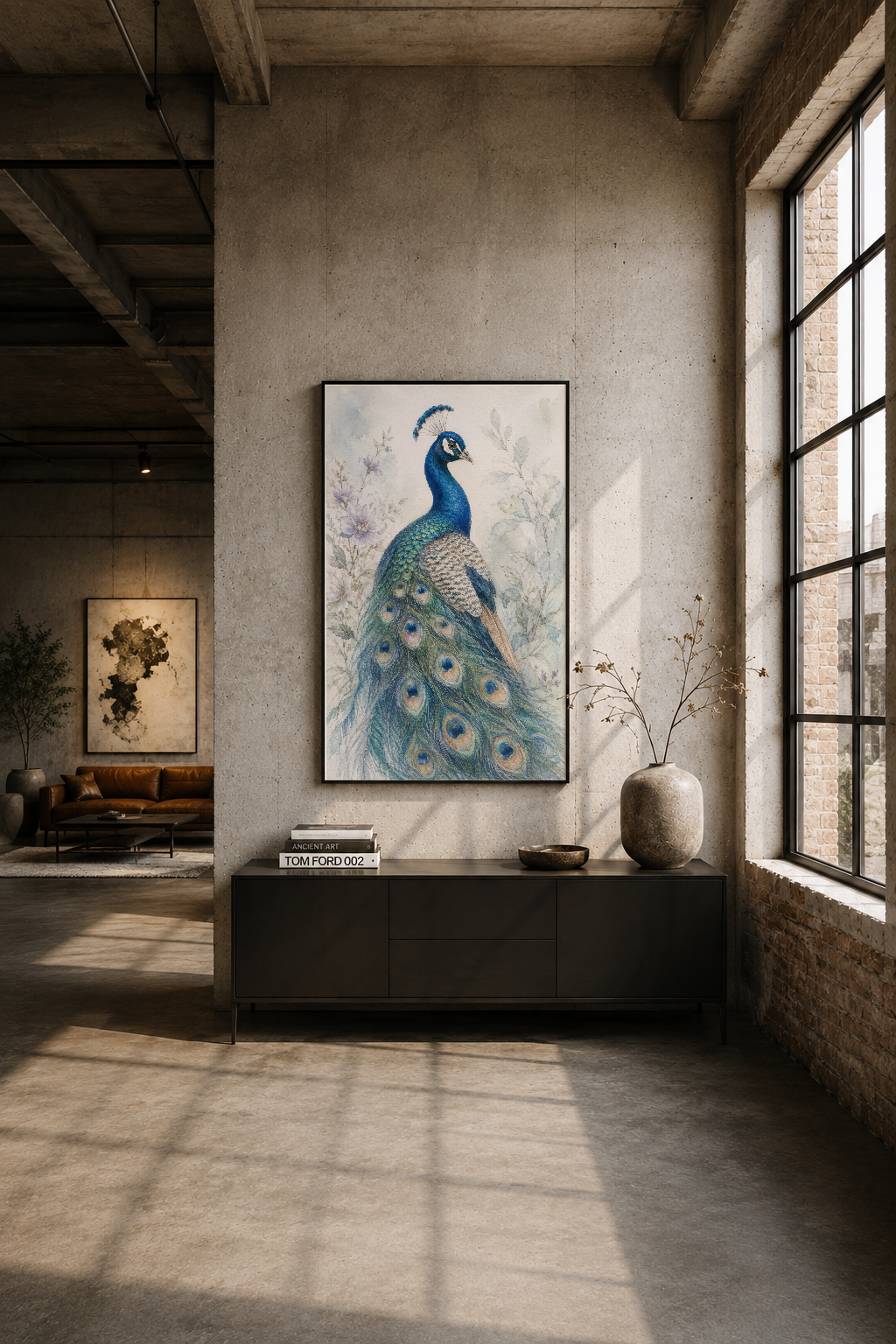 Endüstriyel loft oturma alanında, siyah çerçeveli tavus kuşu tablosu, minimalitiz tasarımı tamamlıyor.