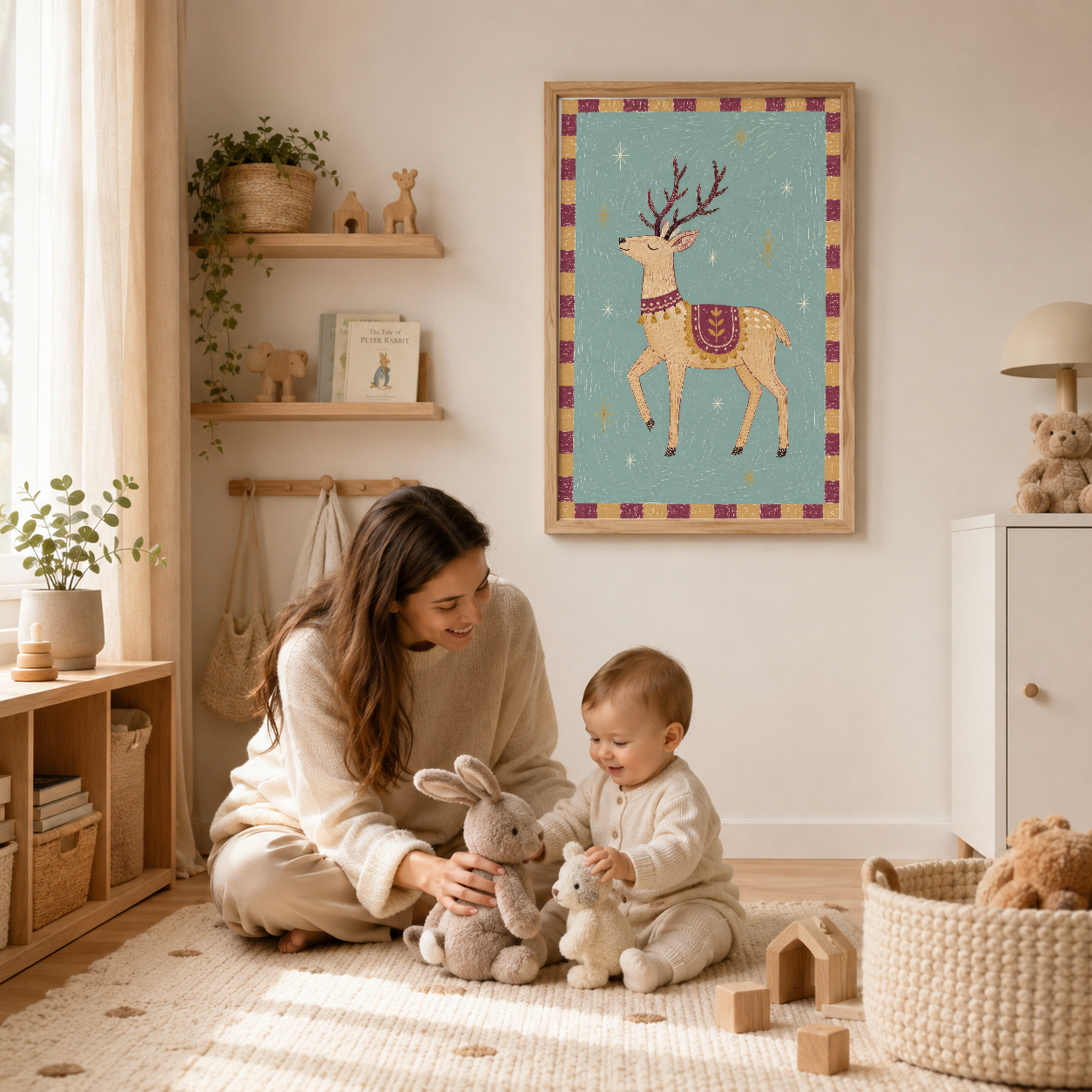 Çocuk odasında ahşap çerçevede sergilenen geyik tablosu, oyuncaklı ve doğal ışıklı modern iç tasarımda.
