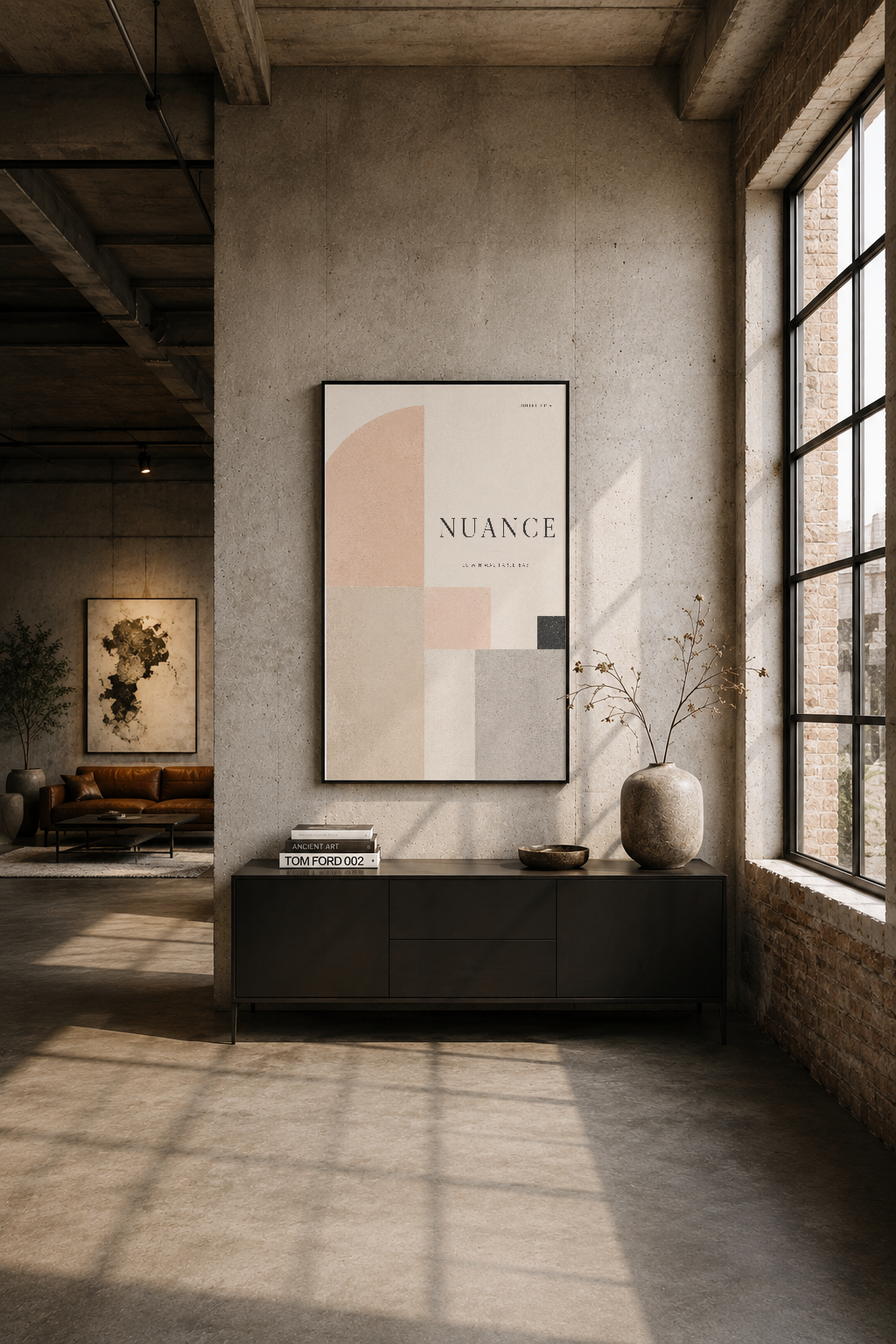 Modern loft mekanında siyah çerçeveli Nuance tablosu, beton duvarlar karşısında minimalist tasarımın etkinliğini gösteriyor.