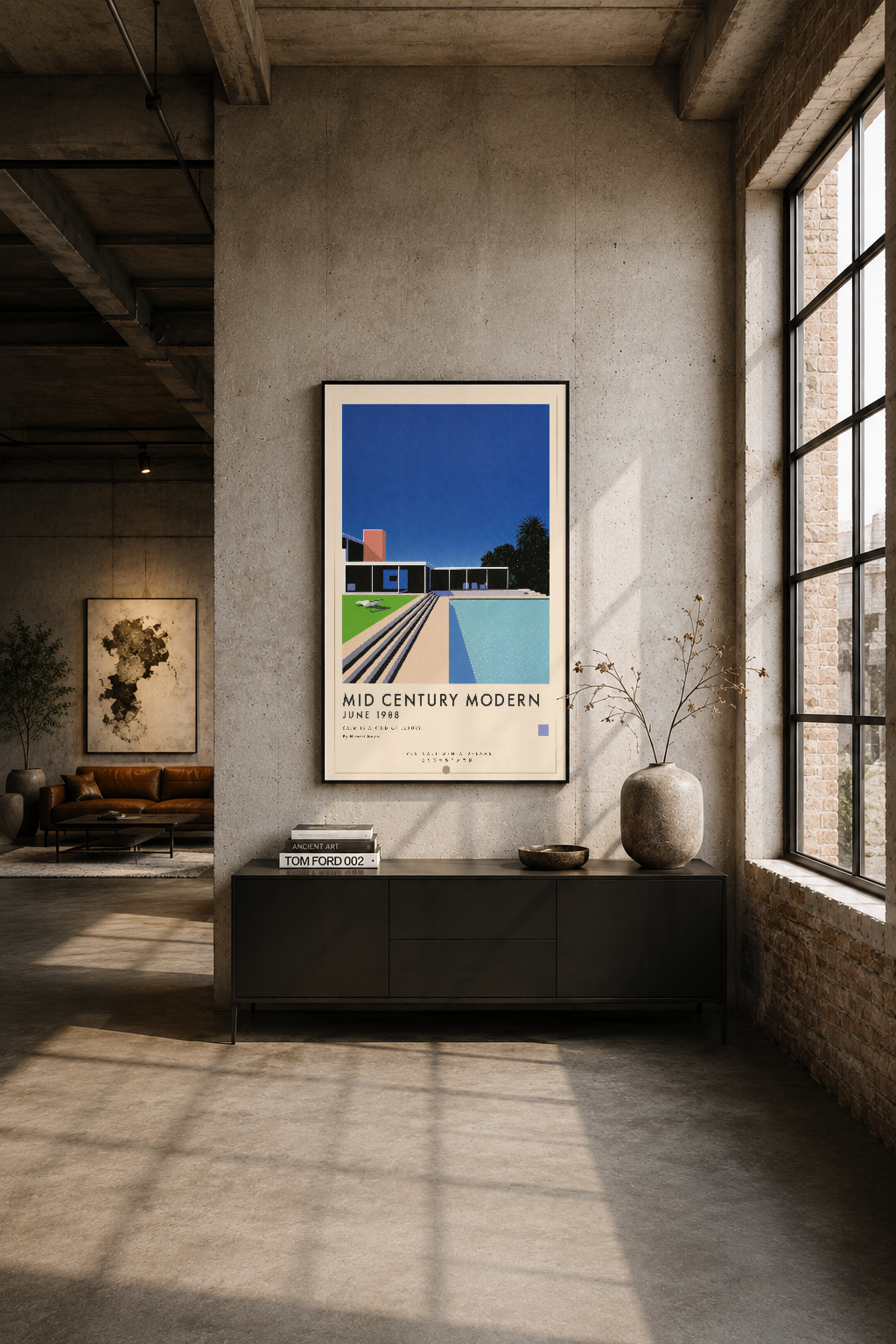 Industrial loft dekorasyonunda siyah çerçeveli Mid Century Modern tablosu, betonlu duvarla modern mimar tasarımını
