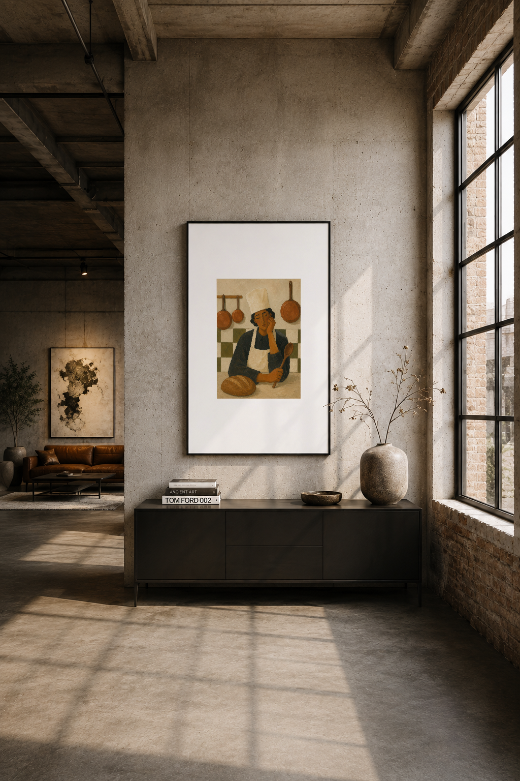 Industrial loft ortamında, betonlu duvarın önünde siyah çerçeveli mutfak temalı sanat tablosu görkemli şekilde sergilenmekte.