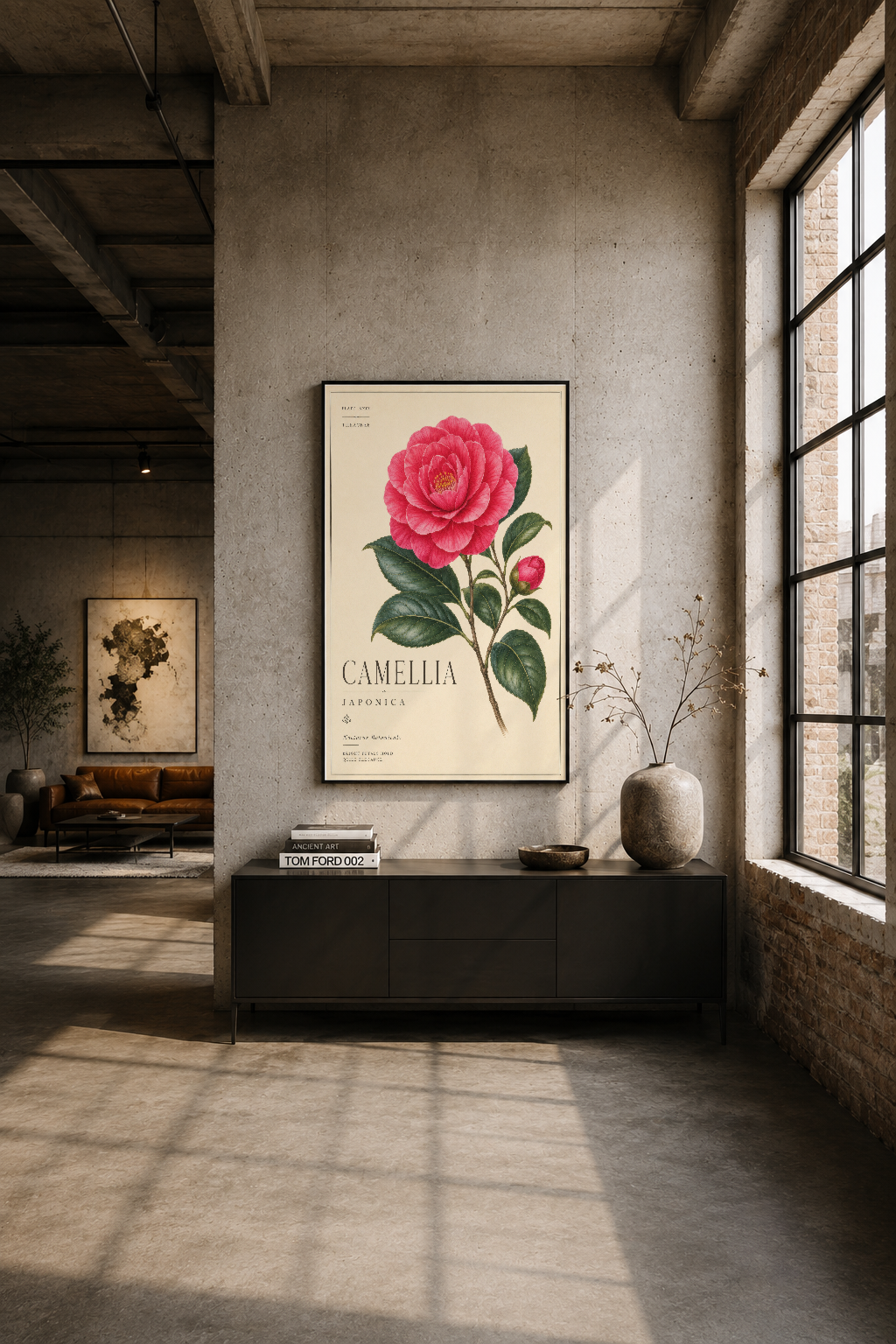 Modern loft'ta siyah konsol üstünde, çerçeveli kamelya botanik tablosu.