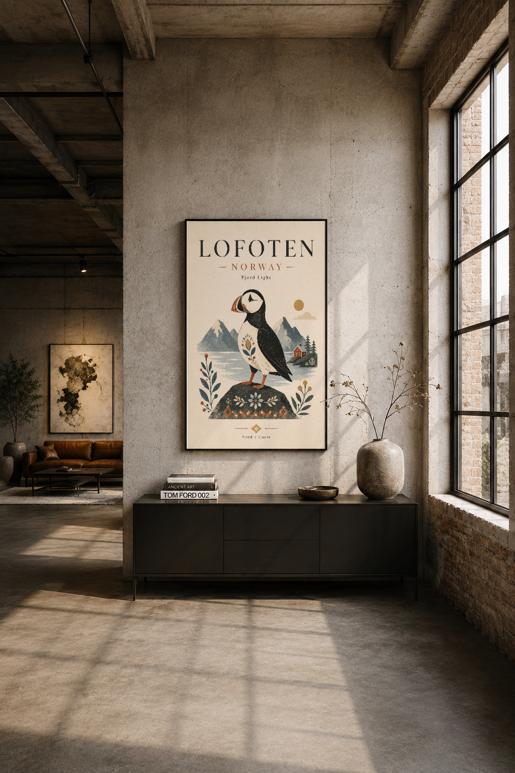 İndustrial loft tarzı oturma alanında, siyah çerçeveli Nordic kuş tablosu duvar sanatı.