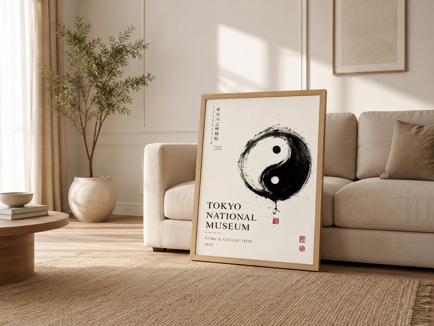 Açık oturma odasında ahşap çerçeveli tablo, krem kanapeye yaslanmış felsefe sanat posteri, zen atmosferi yaratıyor.