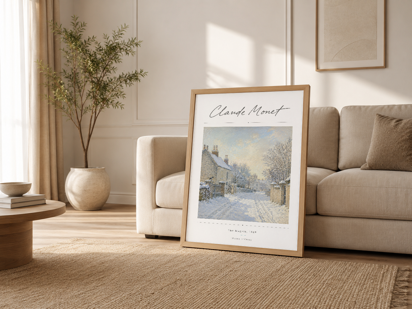 Krem oturma odasında ahşap çerçeveli Monet posteri, vintage dekorasyon detayı.