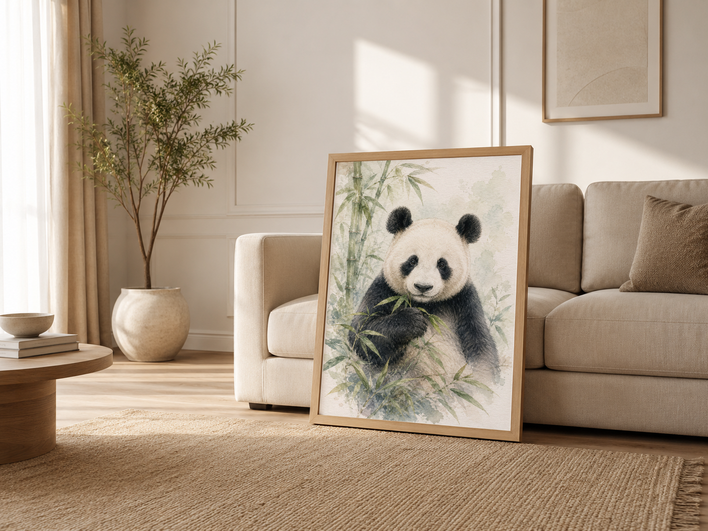 Modern oturma odasında, ahşap çerçeli panda sanat tablosu döşeme yanında