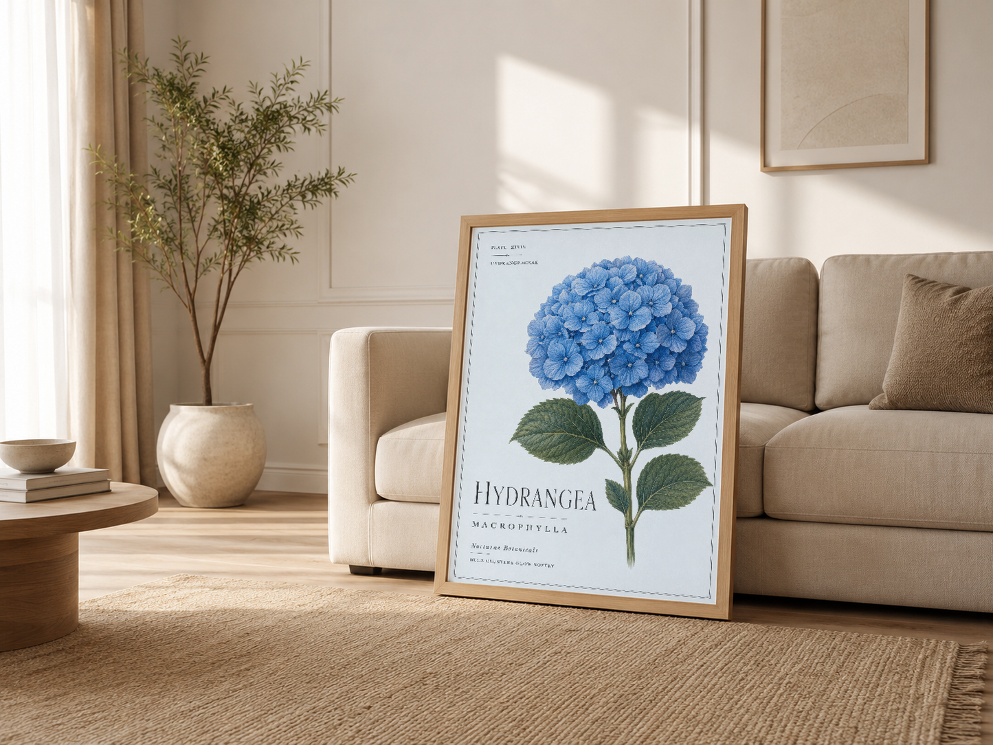 Modern oturma odasında krem kanepesinin yanında sergilenen çiçek botanik poster.
