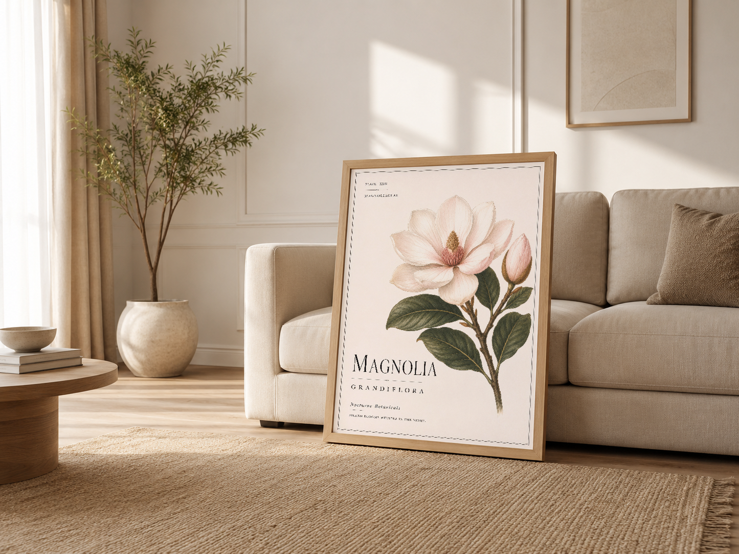 Krem rengindeki bir oturma odasında, ahşap çerçeveli magnolia tablosu sakin ve elegansın sembolü.