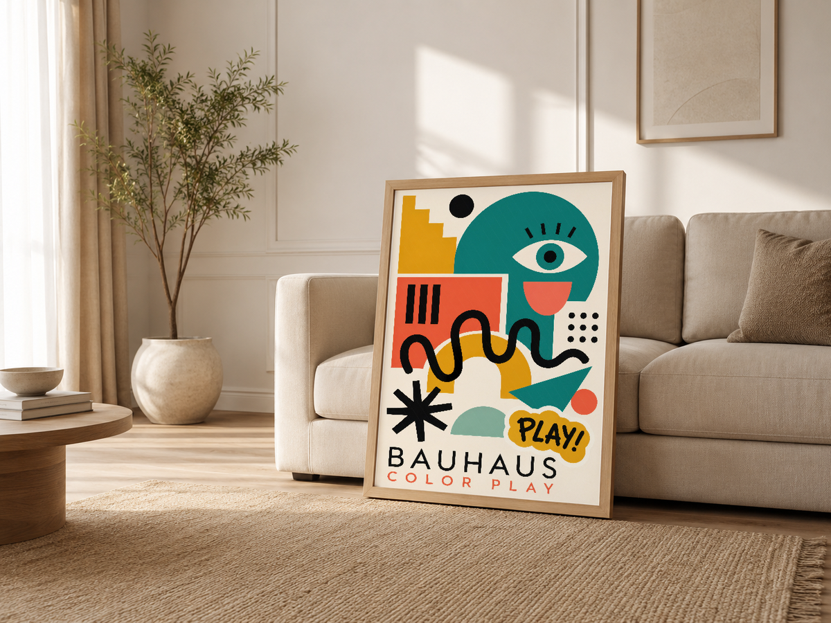 Bauhaus Color Play posterinin ahşap çerçeveli versiyonu, krem renkli oturma odasında kanepesi yanında parlak renk aksentı