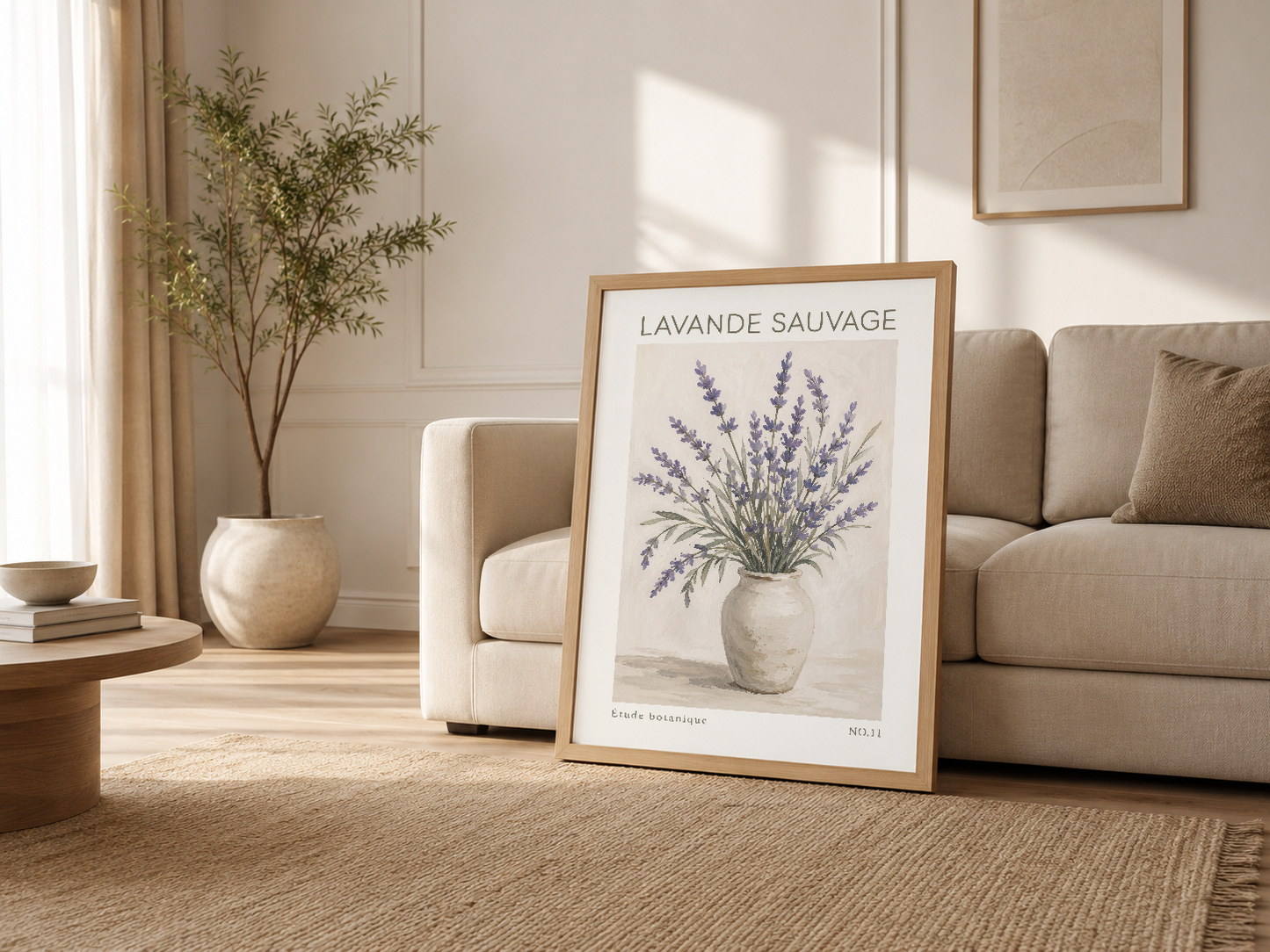 Nötr renkli modern oturma odasında, kanepenin yanında ahşap çerçeveli lavanda sanat tablosu.