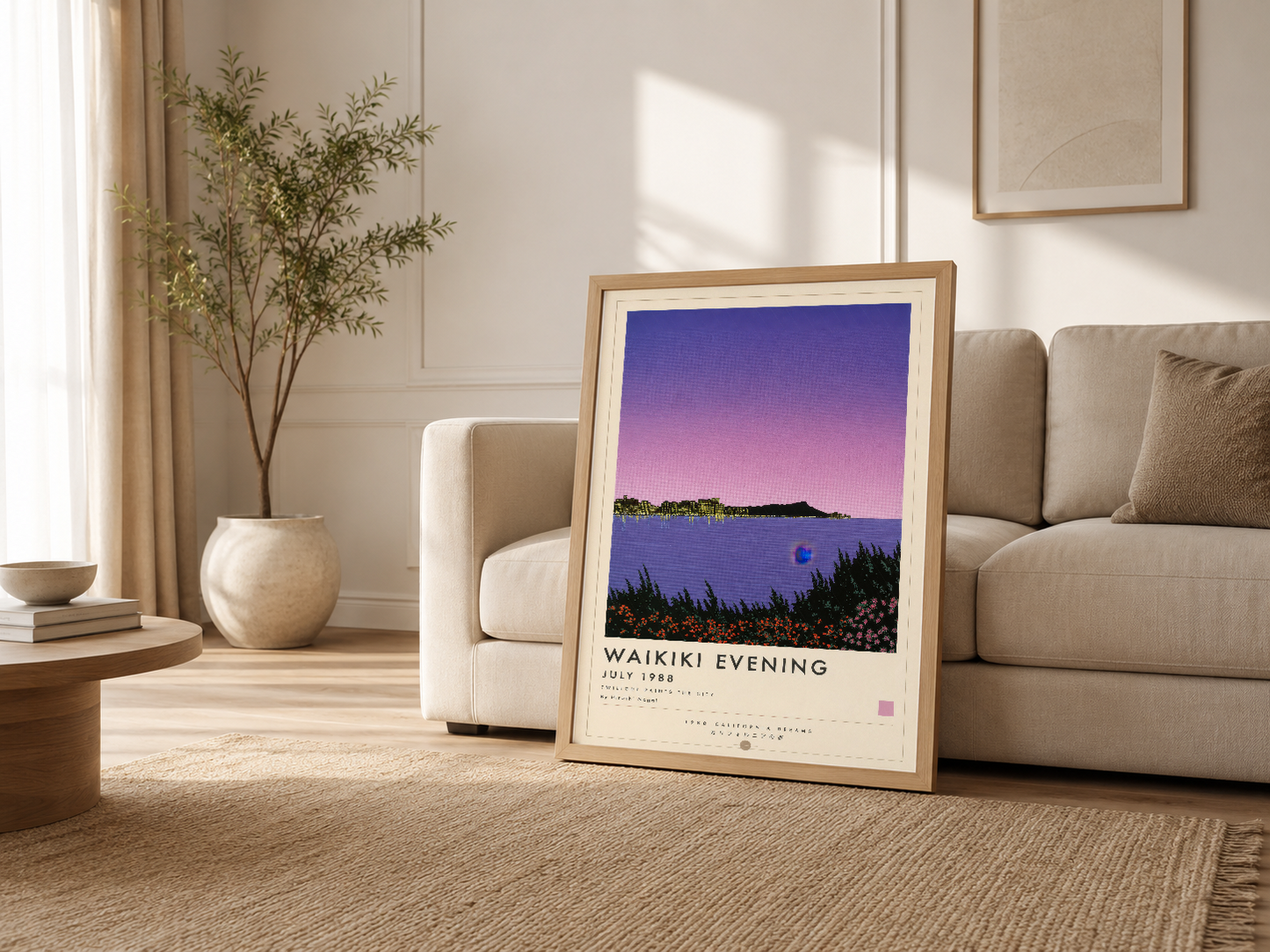 Minimalist oturma odasında ahşap çerçeveli Waikiki Evening tablosu, kanepenin yanında dekoratif sanat eseri.