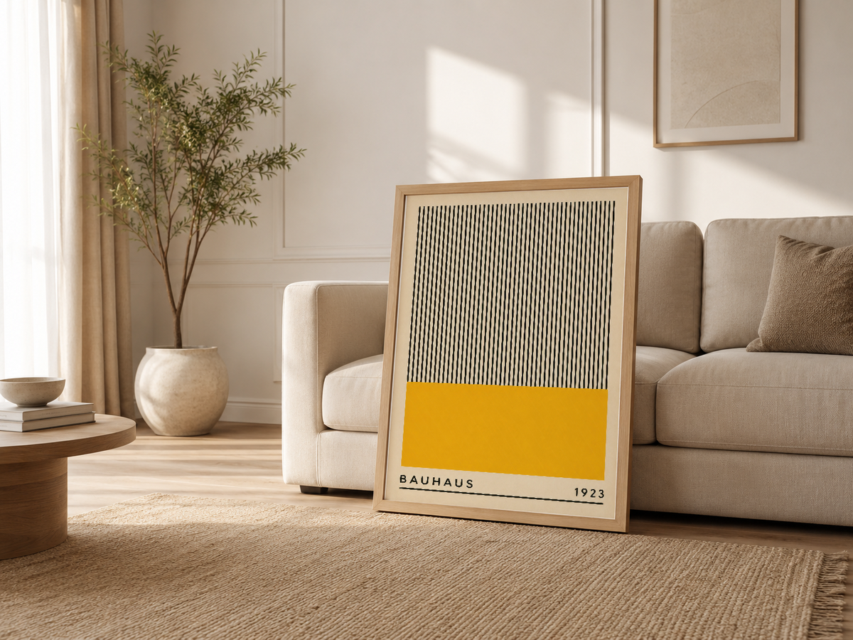 Oturma odasında kanepenin yanında duran Bauhaus posterli ahşap çerçeve, şık dekorasyon