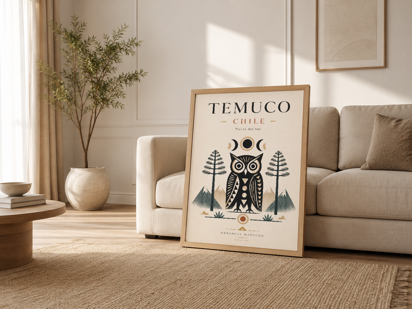 Açık oturma odasında, kanepenin yanında Temuco Chile tablosu, ahşap çerçeveli bohemien dekor.