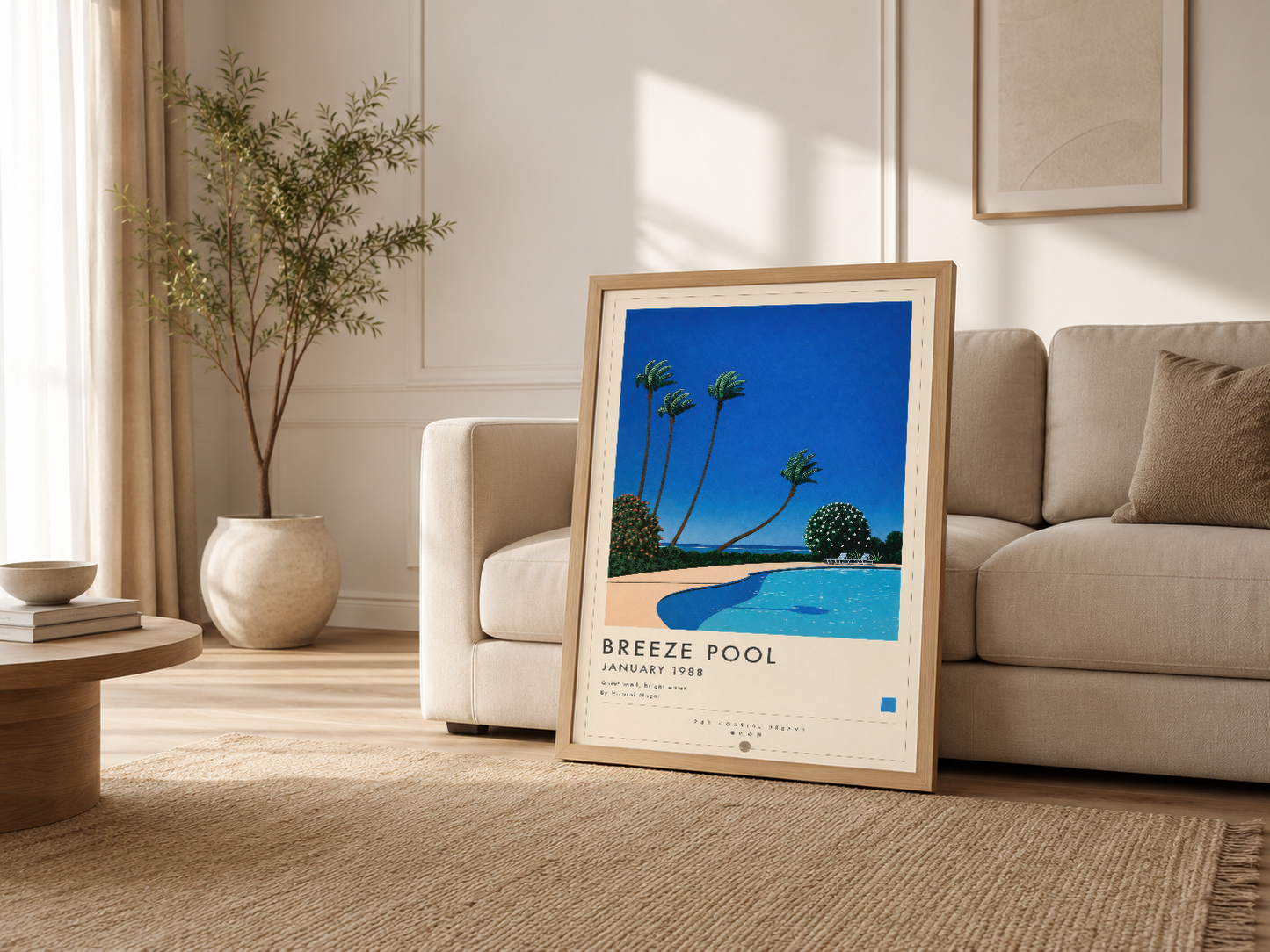 Breeze Pool framed art, modern oturma odasında kanepenin yanında ahşap çerçevede sergilendi.