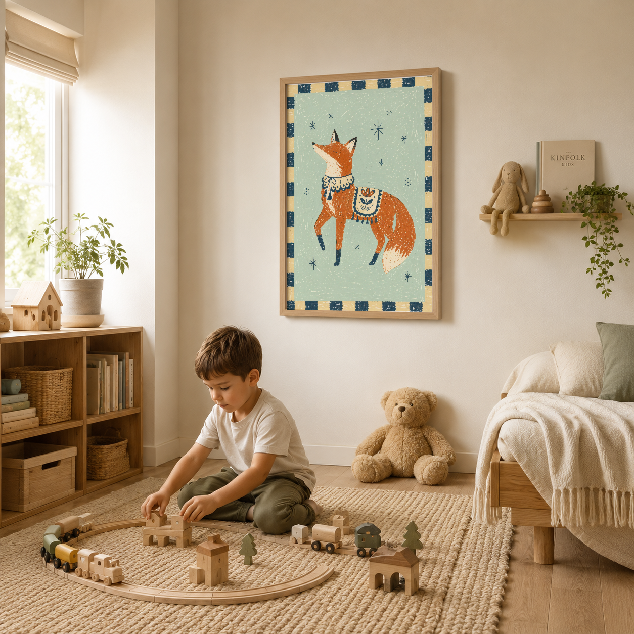 Çocuk yatak odasında çerçeveli tilki posterisi, ahşap dekorasyonlar ve doğal ışıkla tamamlanan ortam.