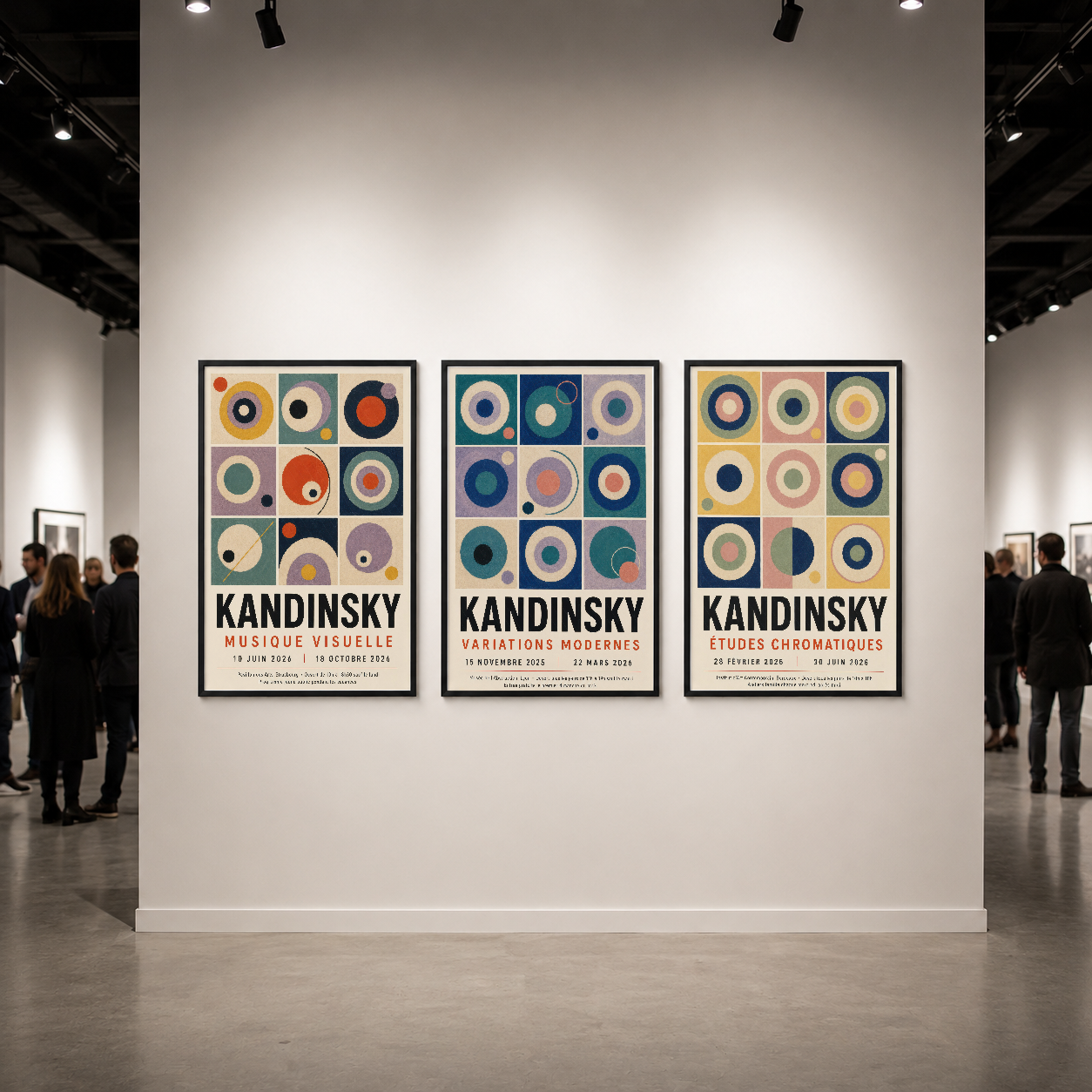 Galeride sergilenen üç panelli Kandinsky tablo seti, siyah çerçeveli tasarımıyla profesyonel ortama uyum sağlıyor.