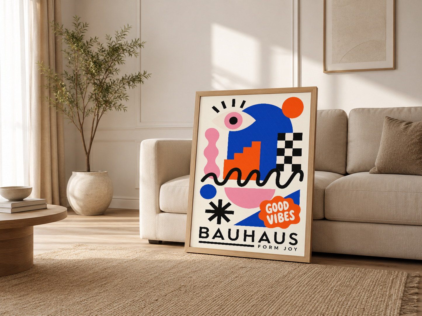Krem kanepesinin yanında ahşap çerçeveli Bauhaus tablosu, minimalist oturma odasında sanat ve stil yaratıyor.